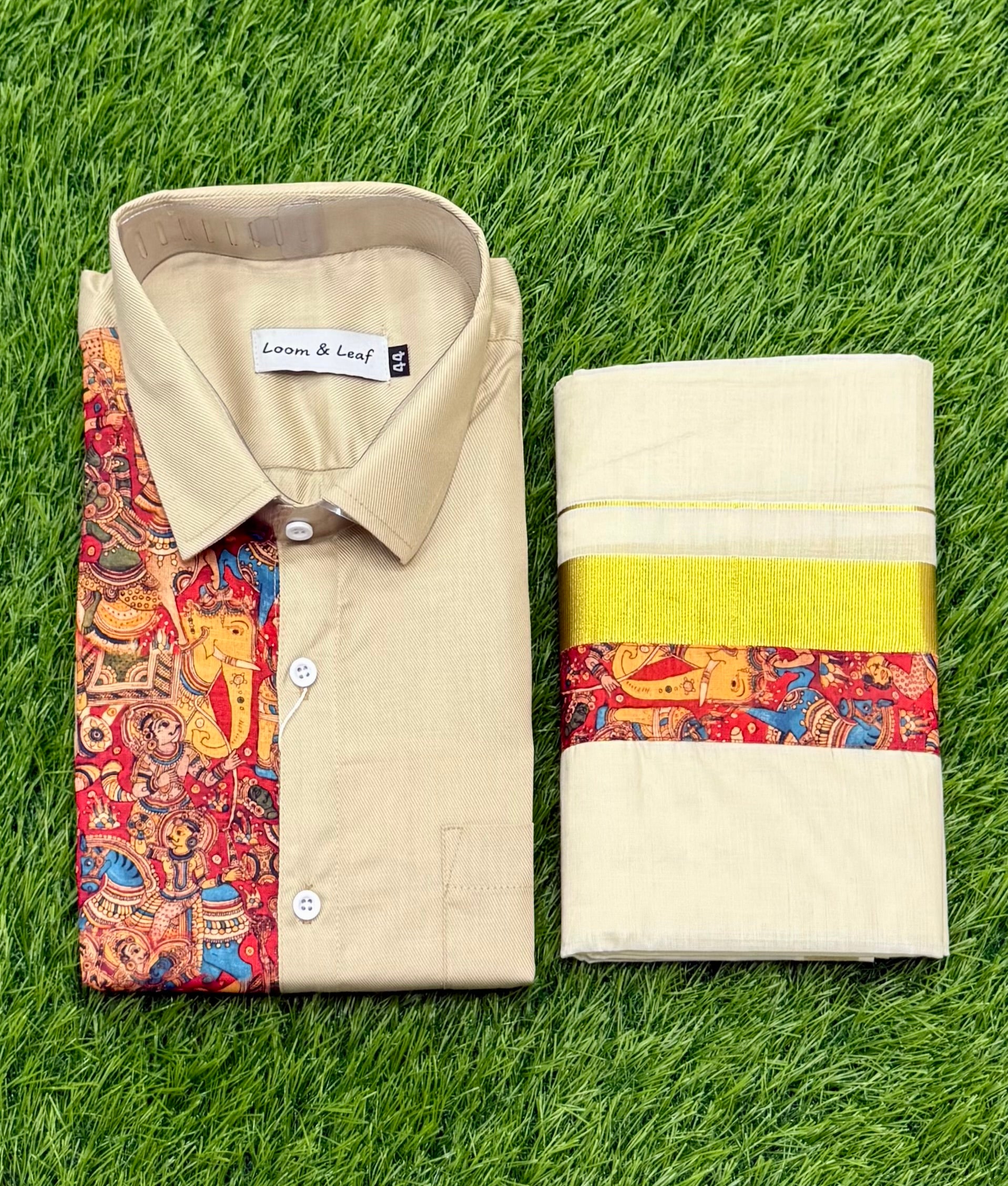 PREMIUM AJRAKH PRINTED HALF SLEEVE SHIRT & MUNDU COMBO - CREAM