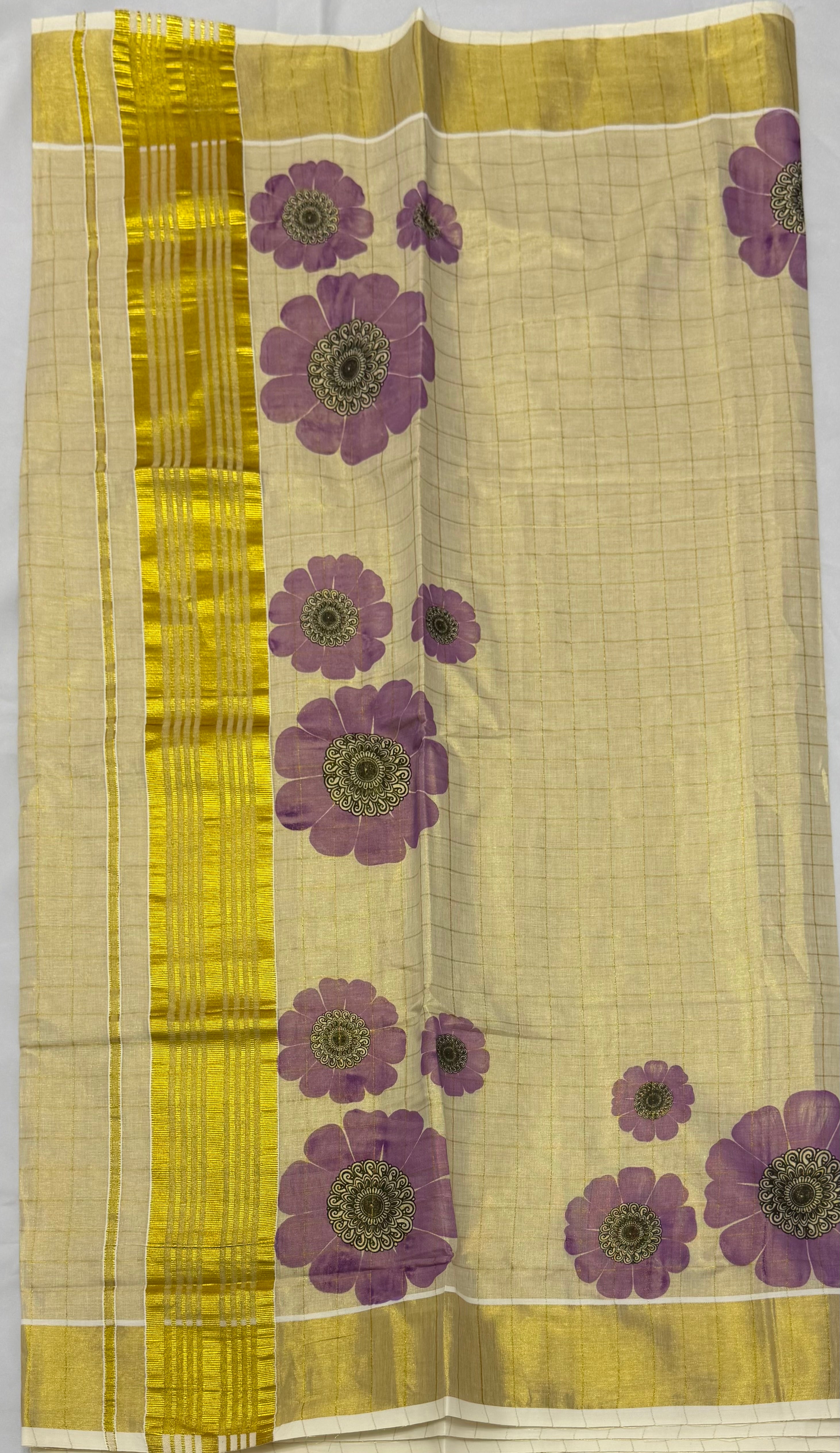 FLORAL PRINTED KASAVU TISSUE SAREE - (GOLD,CREAM)