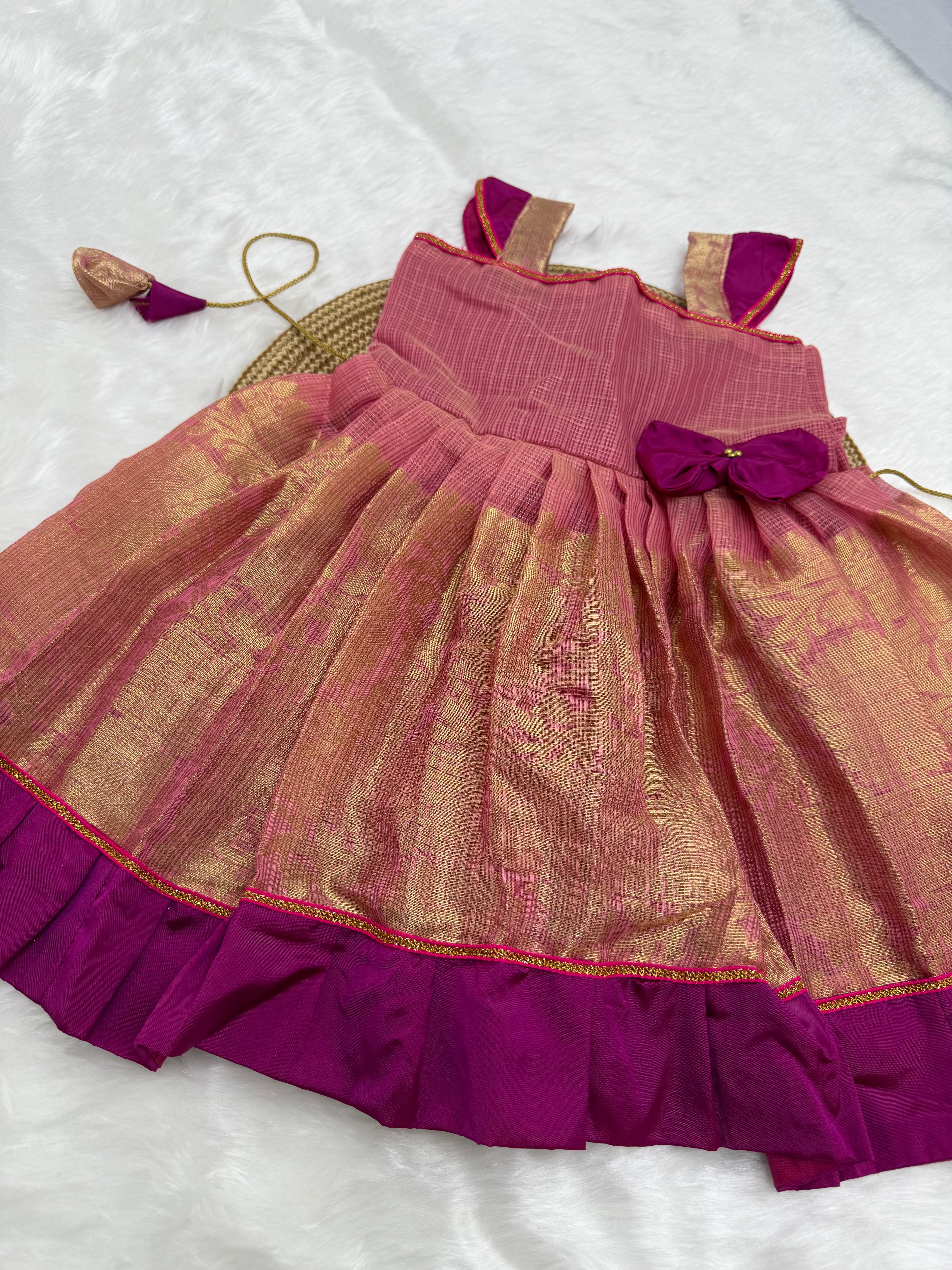 PINK & GOLD PATTU PAVADAI FOR KIDS | TRADITIONAL SILK FROCK WITH BOW & PURPLE BORDER