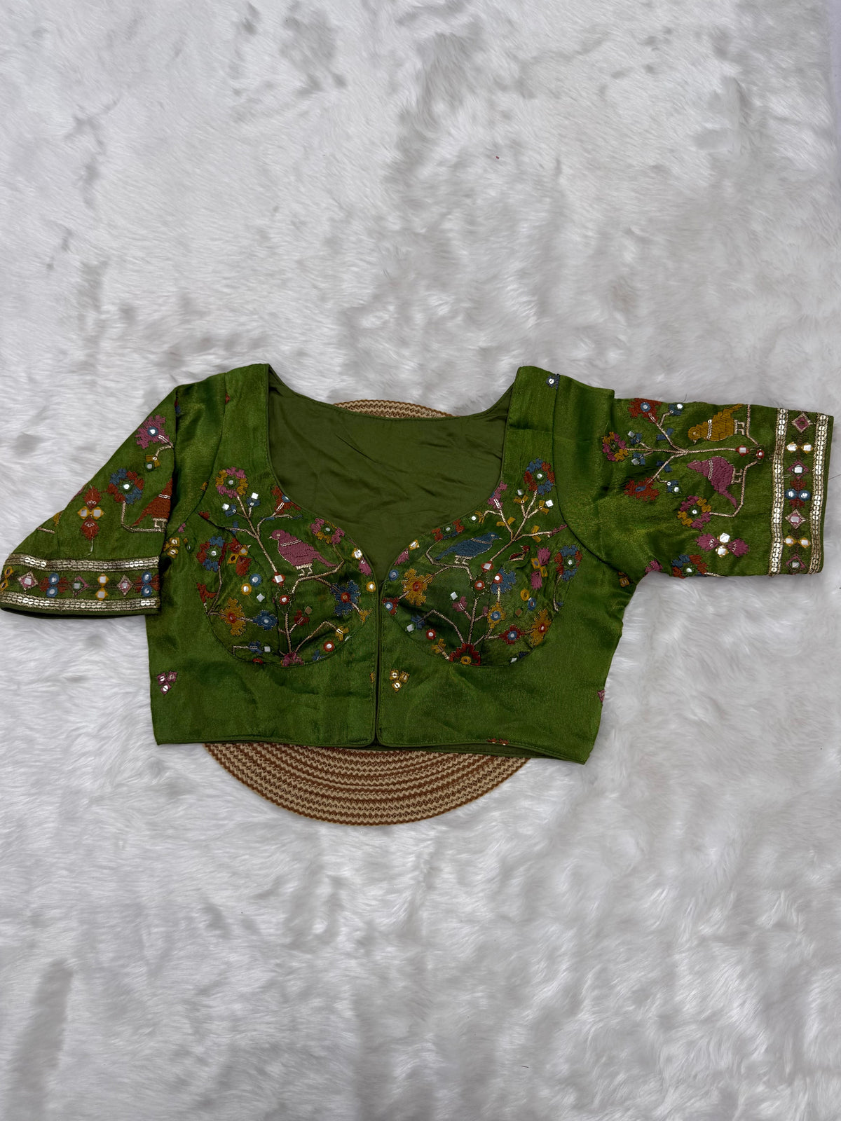 BRIDAL AARI WORK READY TO WEAR SAREE BLOUSE - OLIVE GREEN