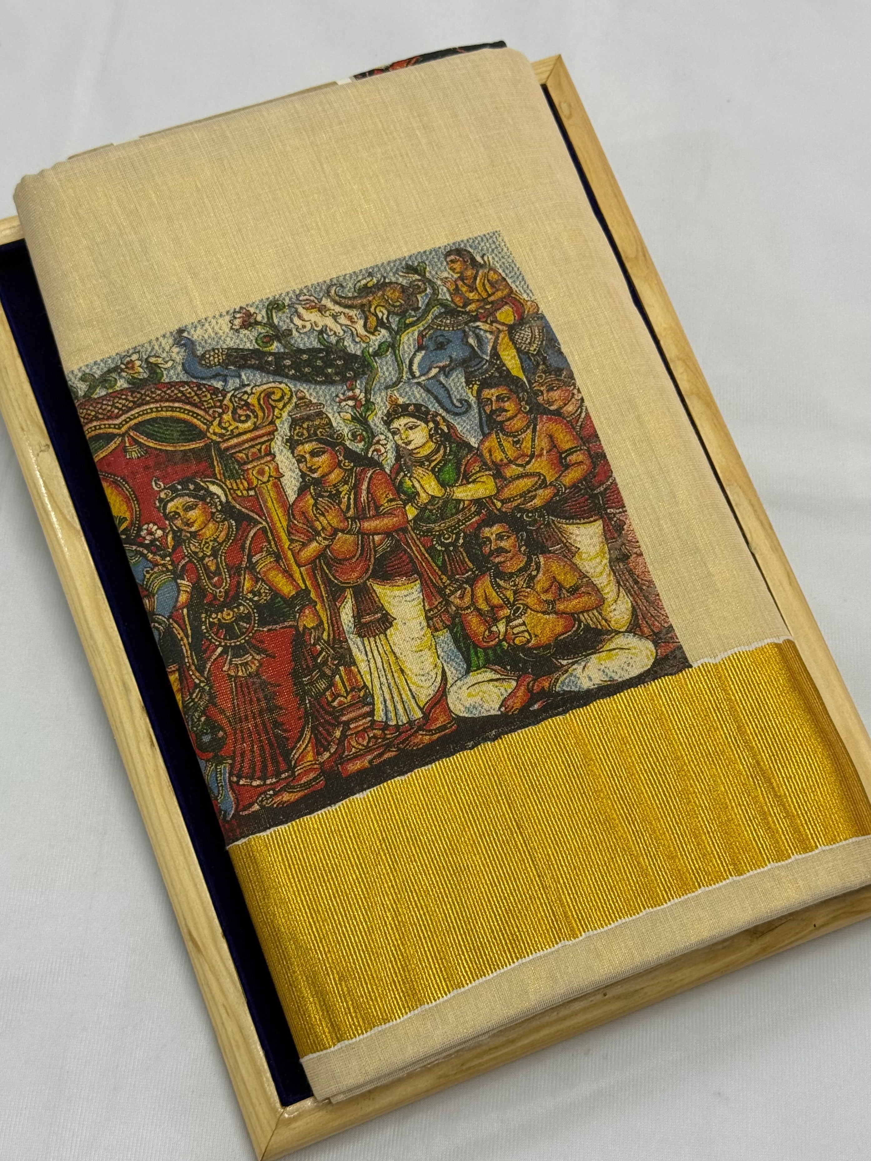 MURAL ART KASAVU TISSUE KERALA SAREE (GOLD,CREAM)
