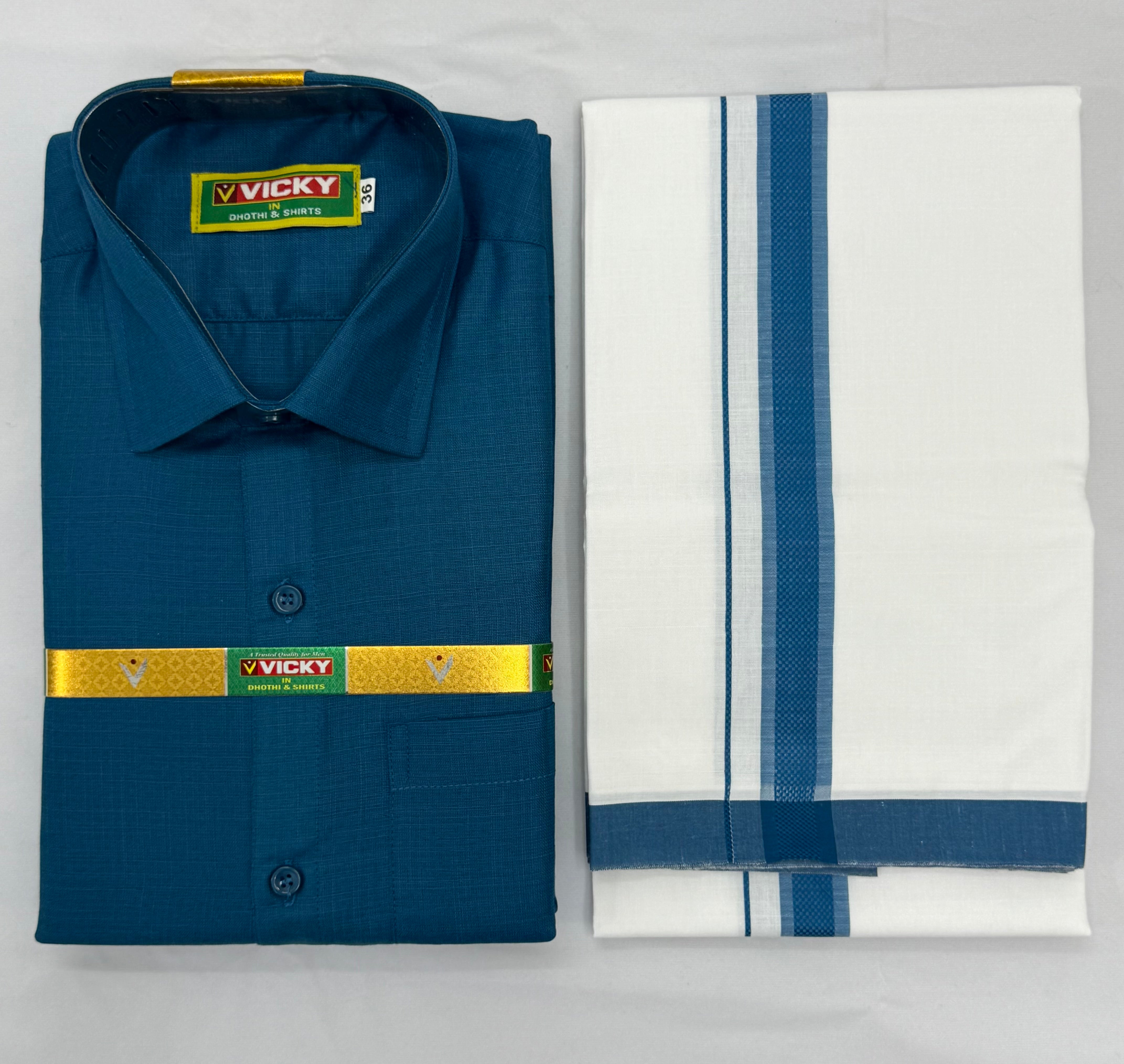 MEN'S MATCHING FANCY BORDER SINGLE DHOTI & SHIRT SET - TEAL BLUE