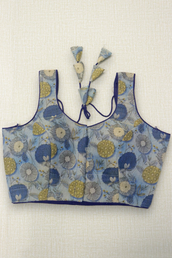 WOMEN'S SLEEVELESS FLORAL PRINTED READYMADE BLOUSE - BLUE