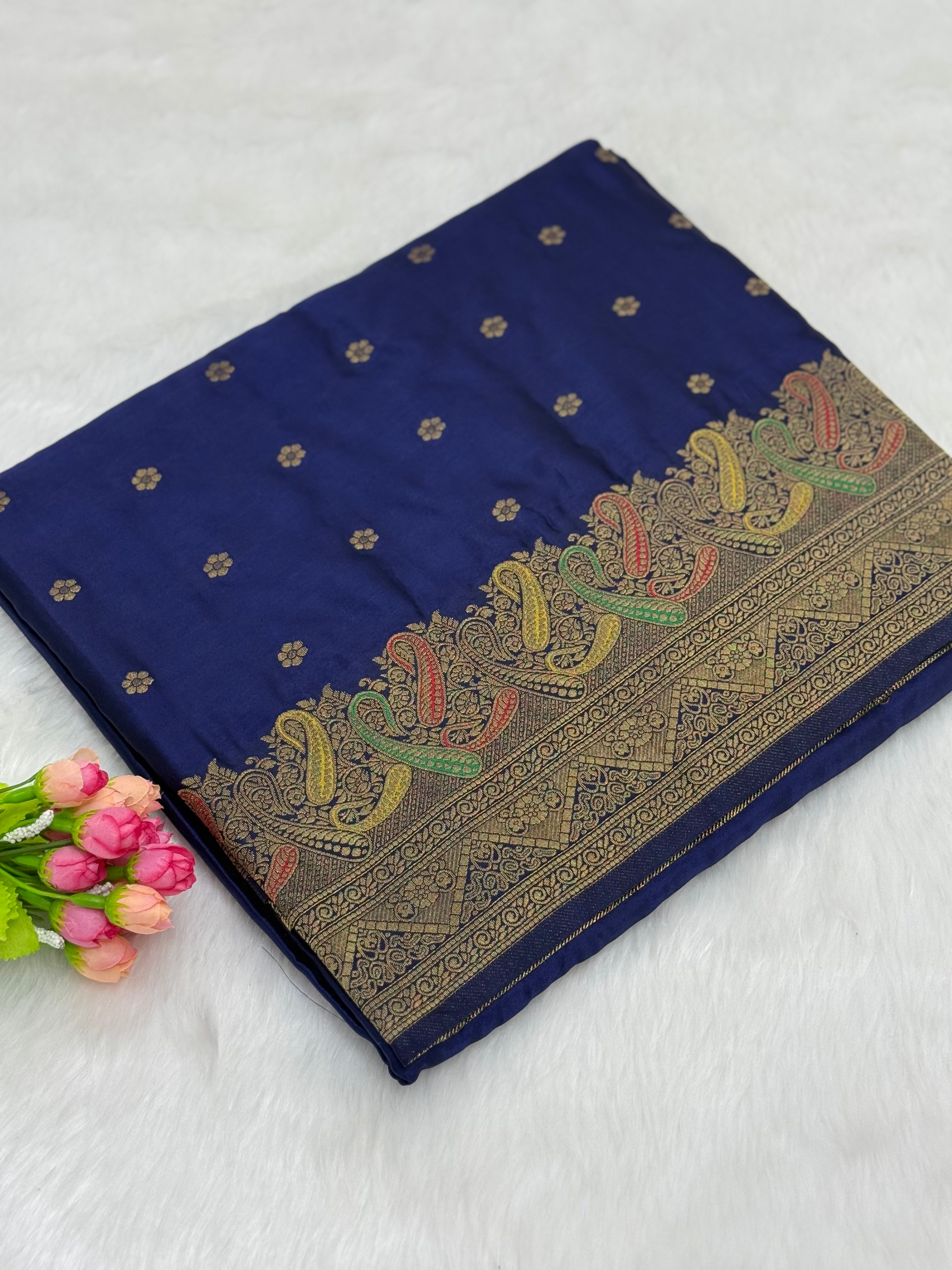 BANARASI MEENAKARI MASHRU SILK SAREE - NAVY BLUE