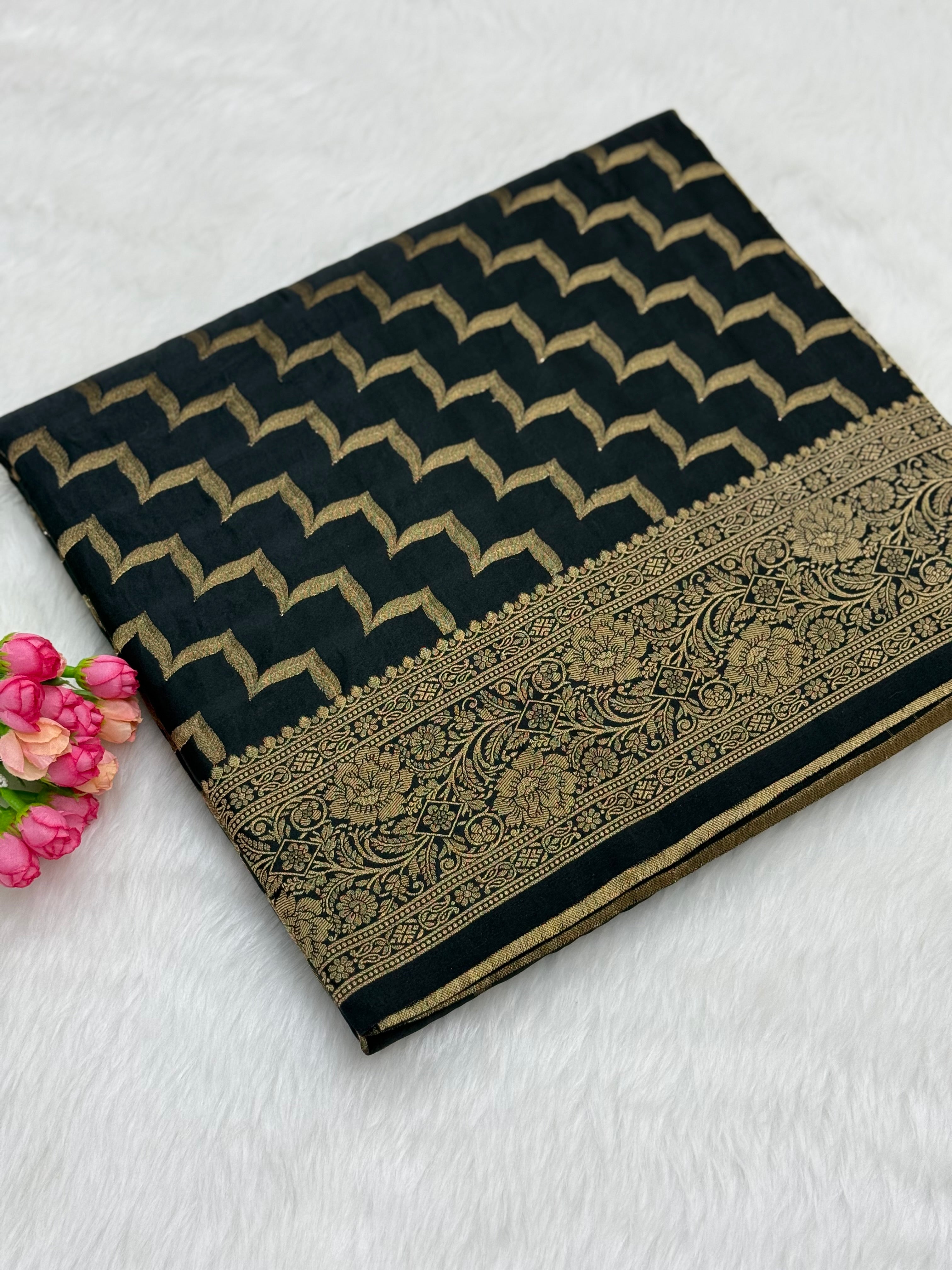 PREMIUM BANARASI MASHRU SILK SAREE - BLACK