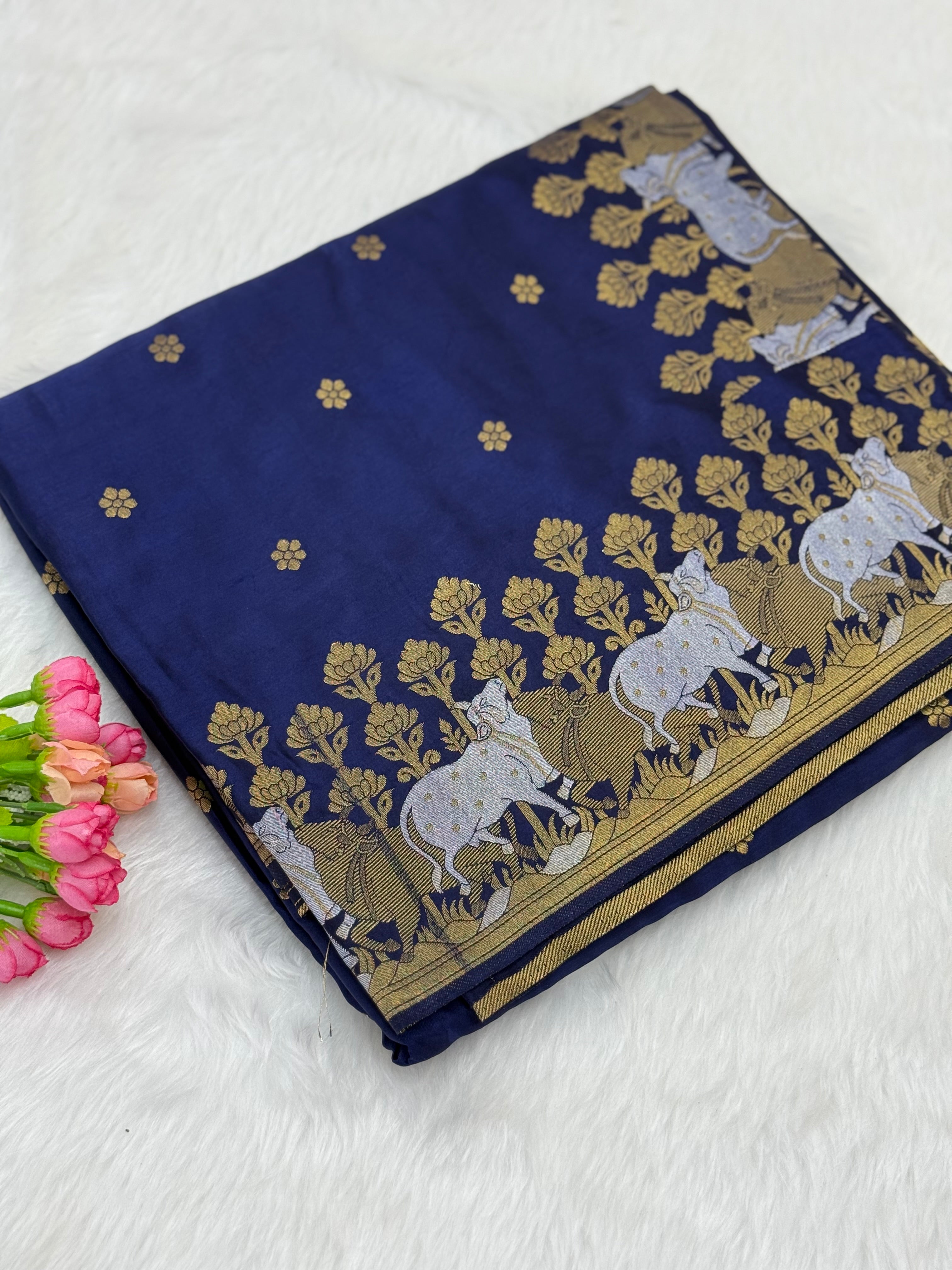 BANARASI MEENAKARI MASHRU SILK SAREE - NAVY BLUE