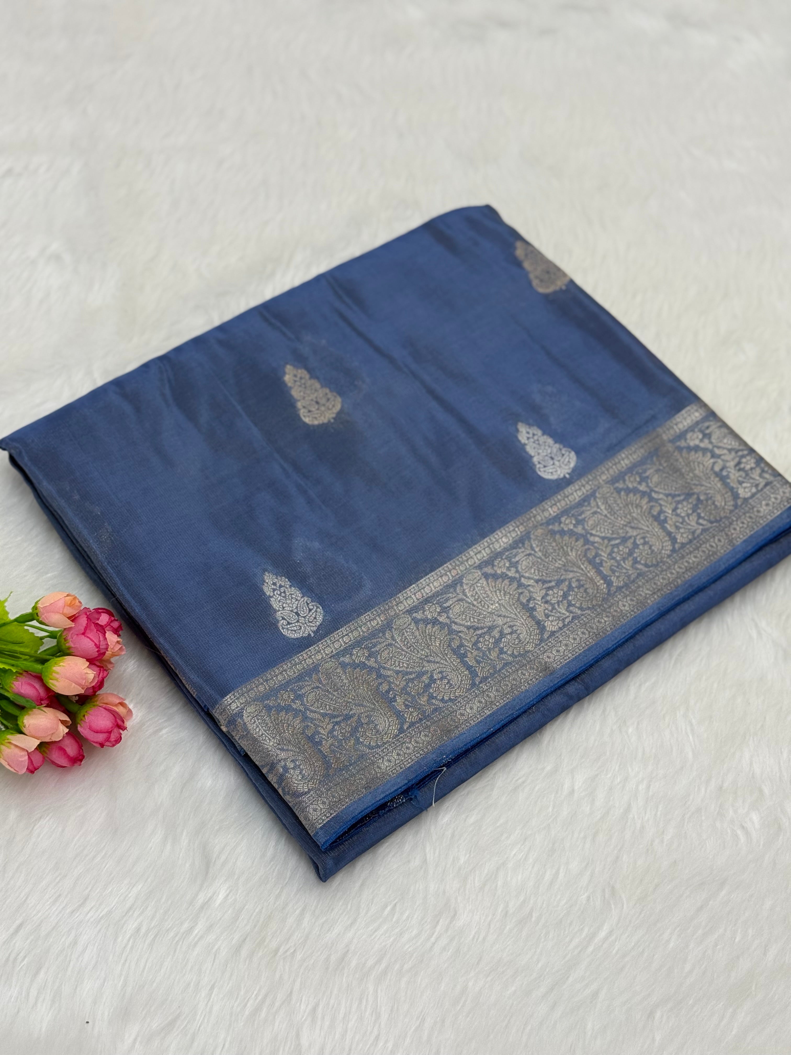 PREMIUM BANARASI TISSUE VISCOSE SAREE - GREYISH BLUE