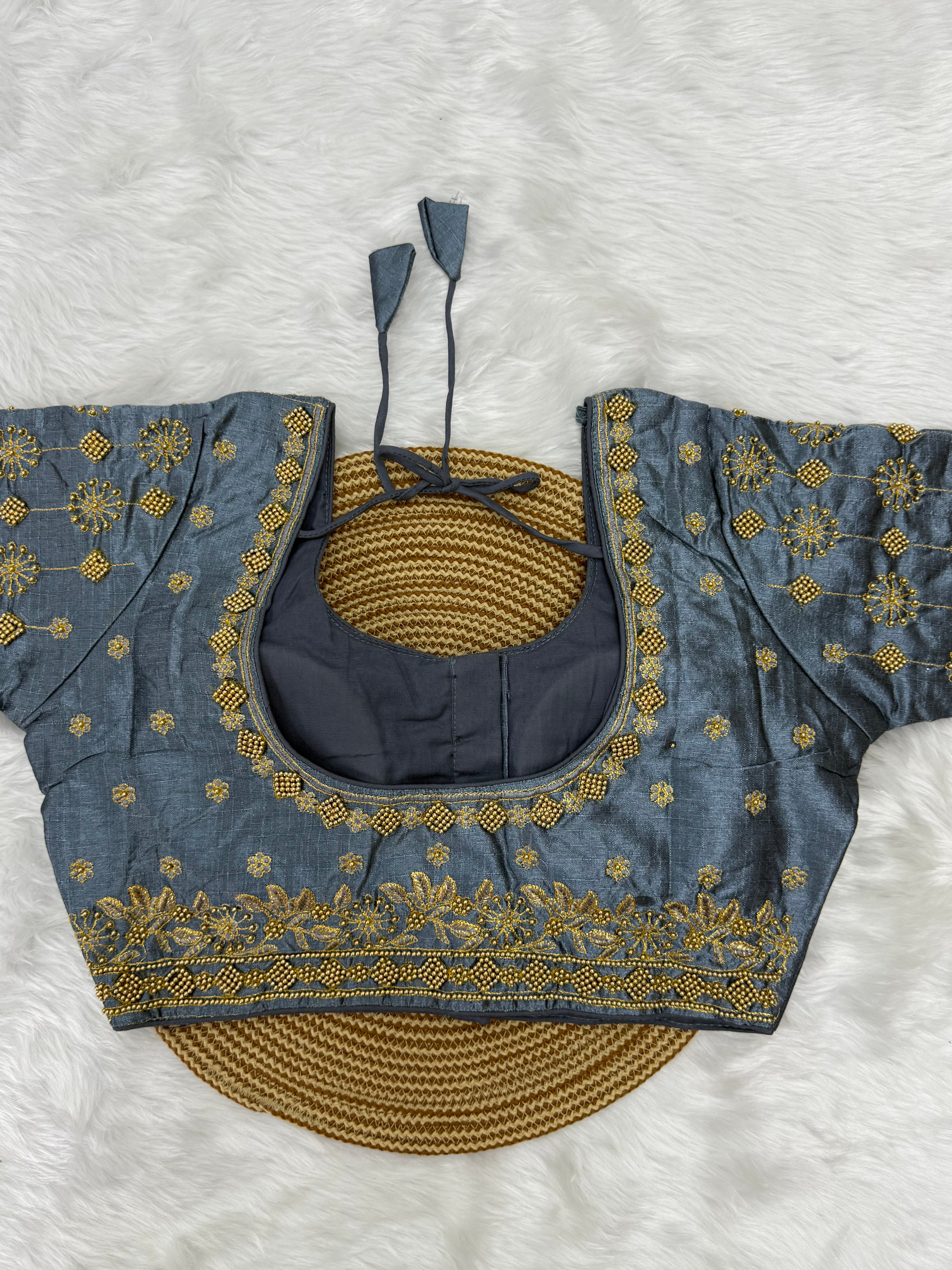 BRIDAL AARI WORK READY TO WEAR SAREE BLOUSE - GREY