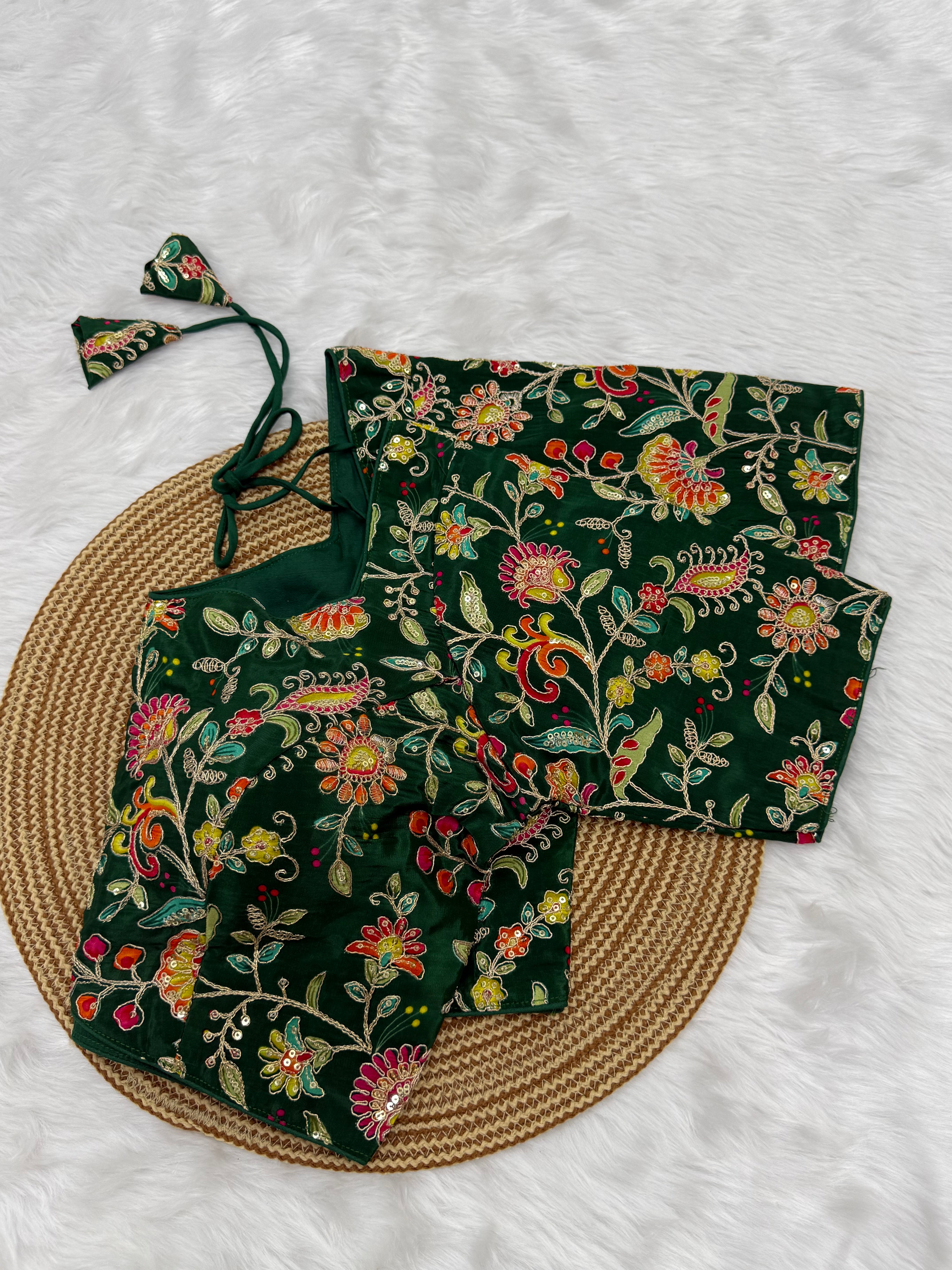 DESIGNER EMBRO-SEQUIN WORK BLOUSE - GREEN