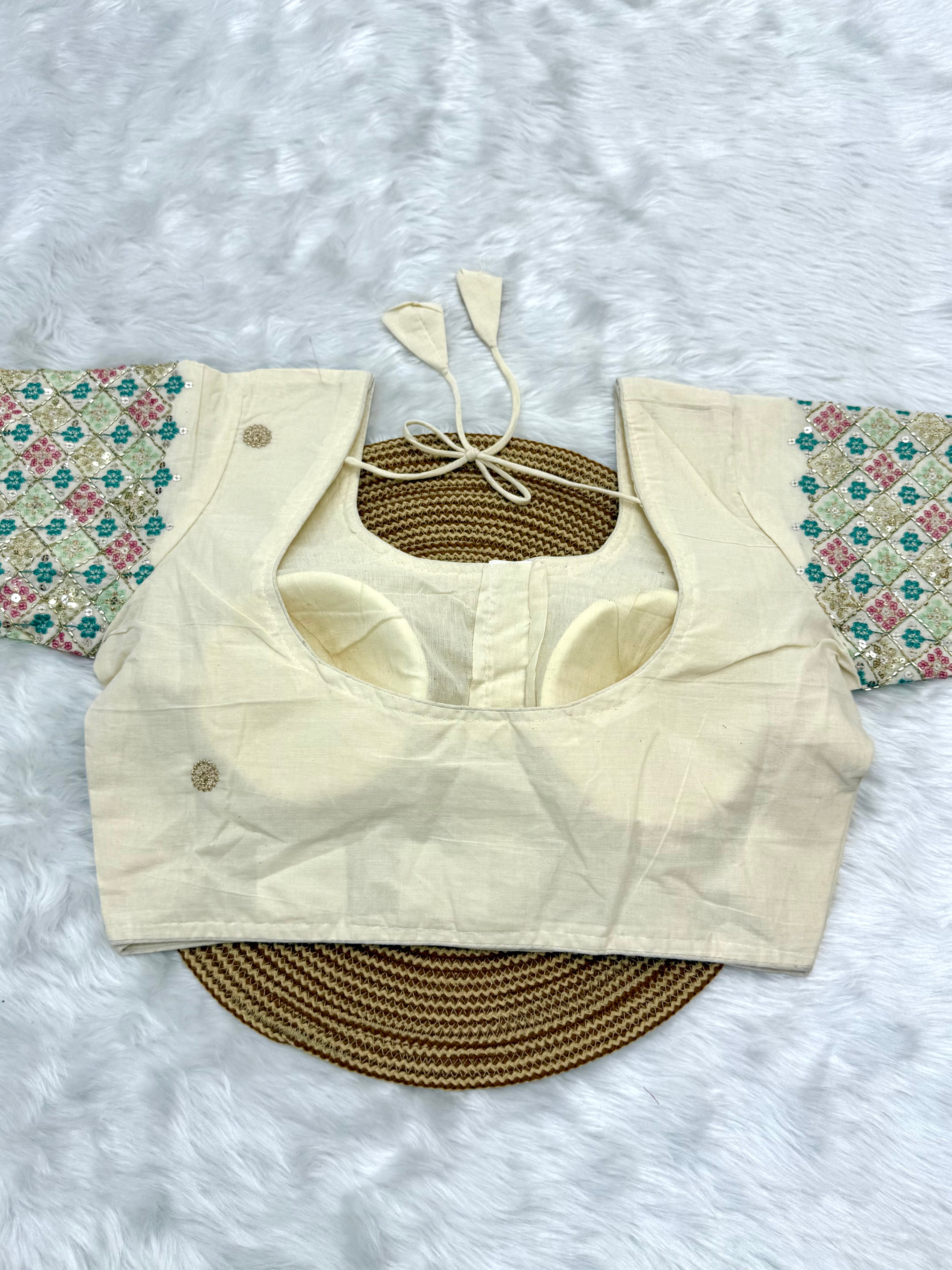 DESIGNER EMBRO-SEQUIN WORK BLOUSE - OFF WHITE