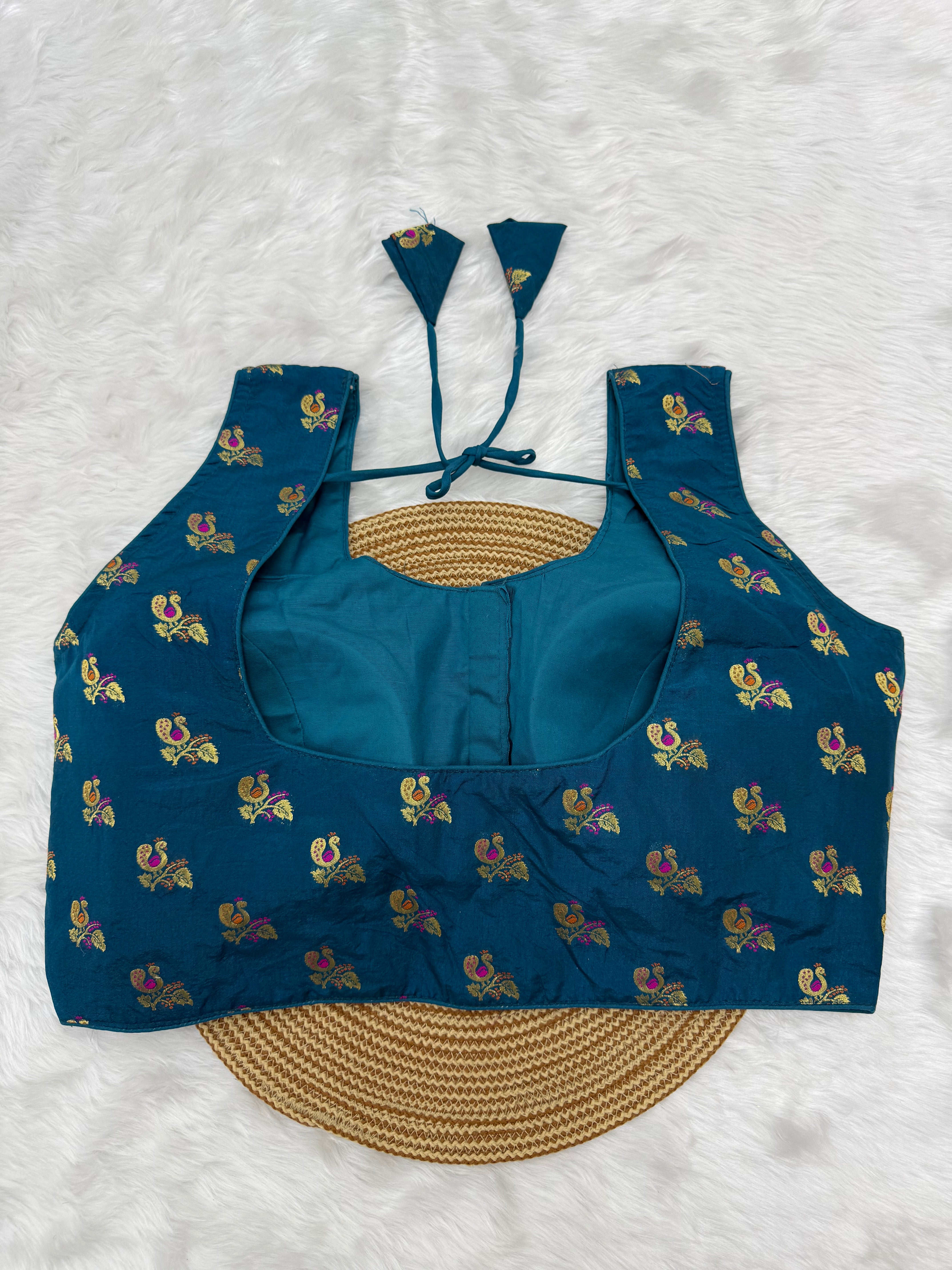 BANARASI BROCADE SLEEVELESS BLOUSE - TEAL