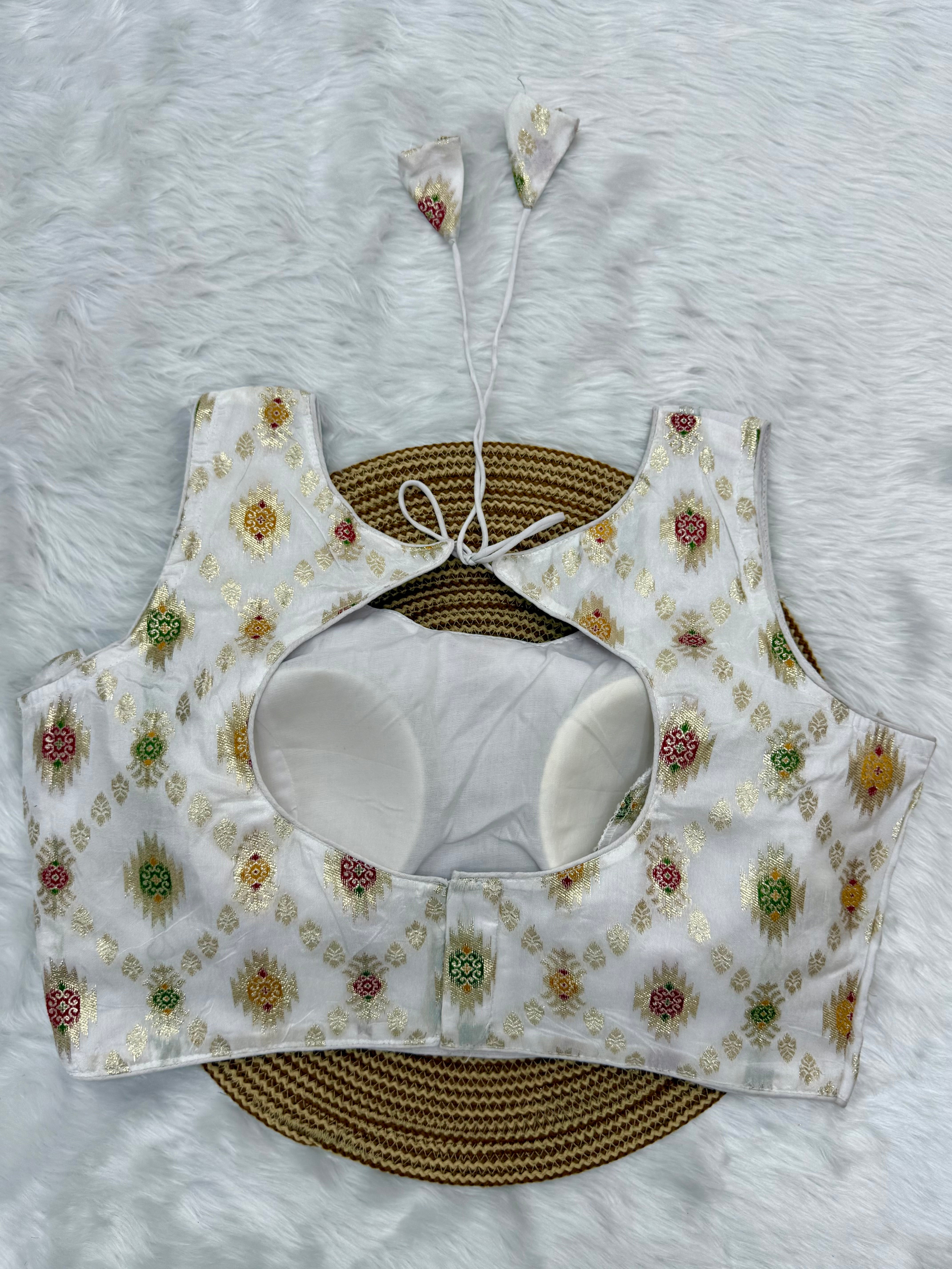 BANARASI BROCADE SLEEVELESS BLOUSE - WHITE