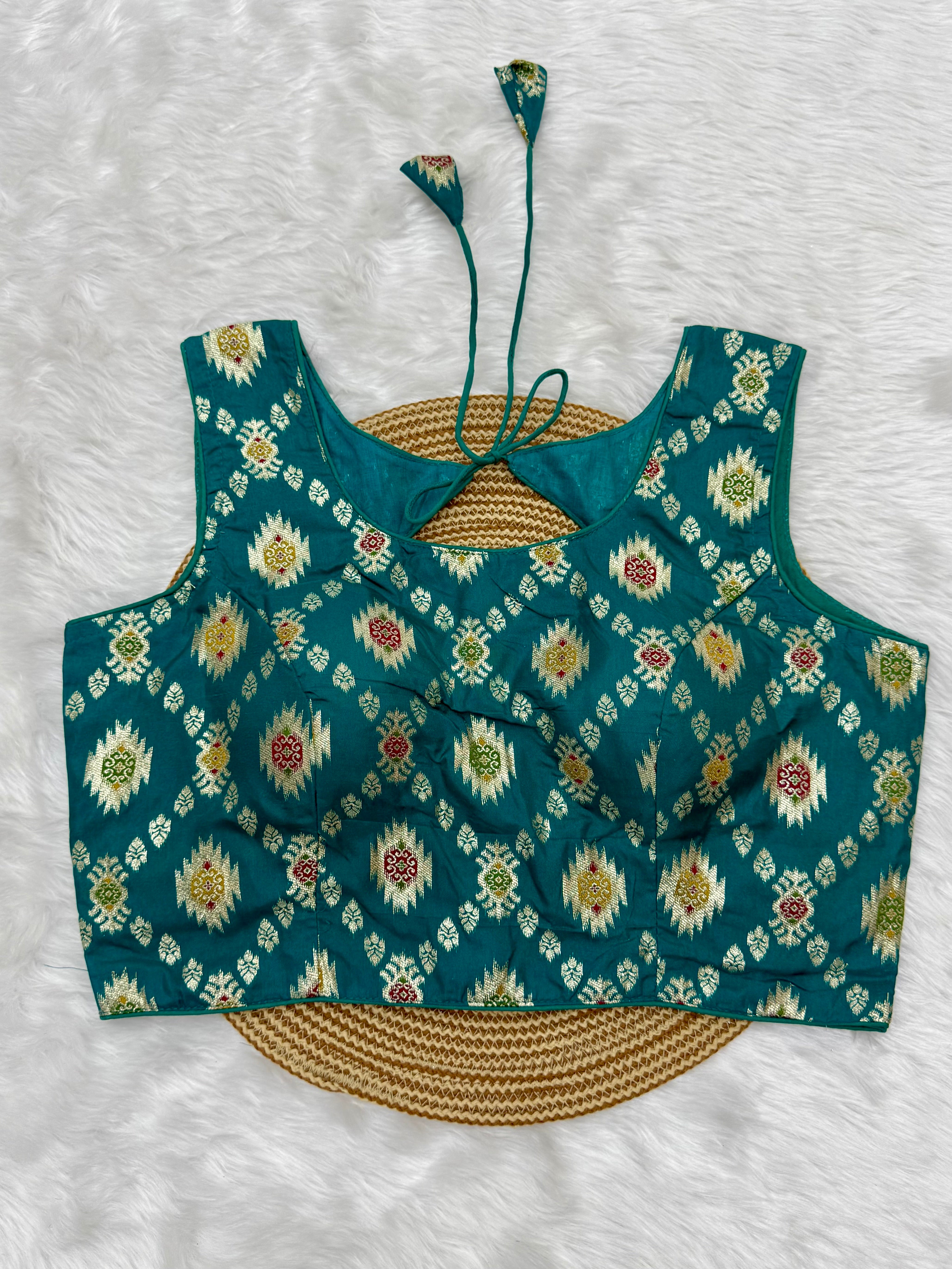BANARASI BROCADE SLEEVELESS BLOUSE - TEAL GREEN