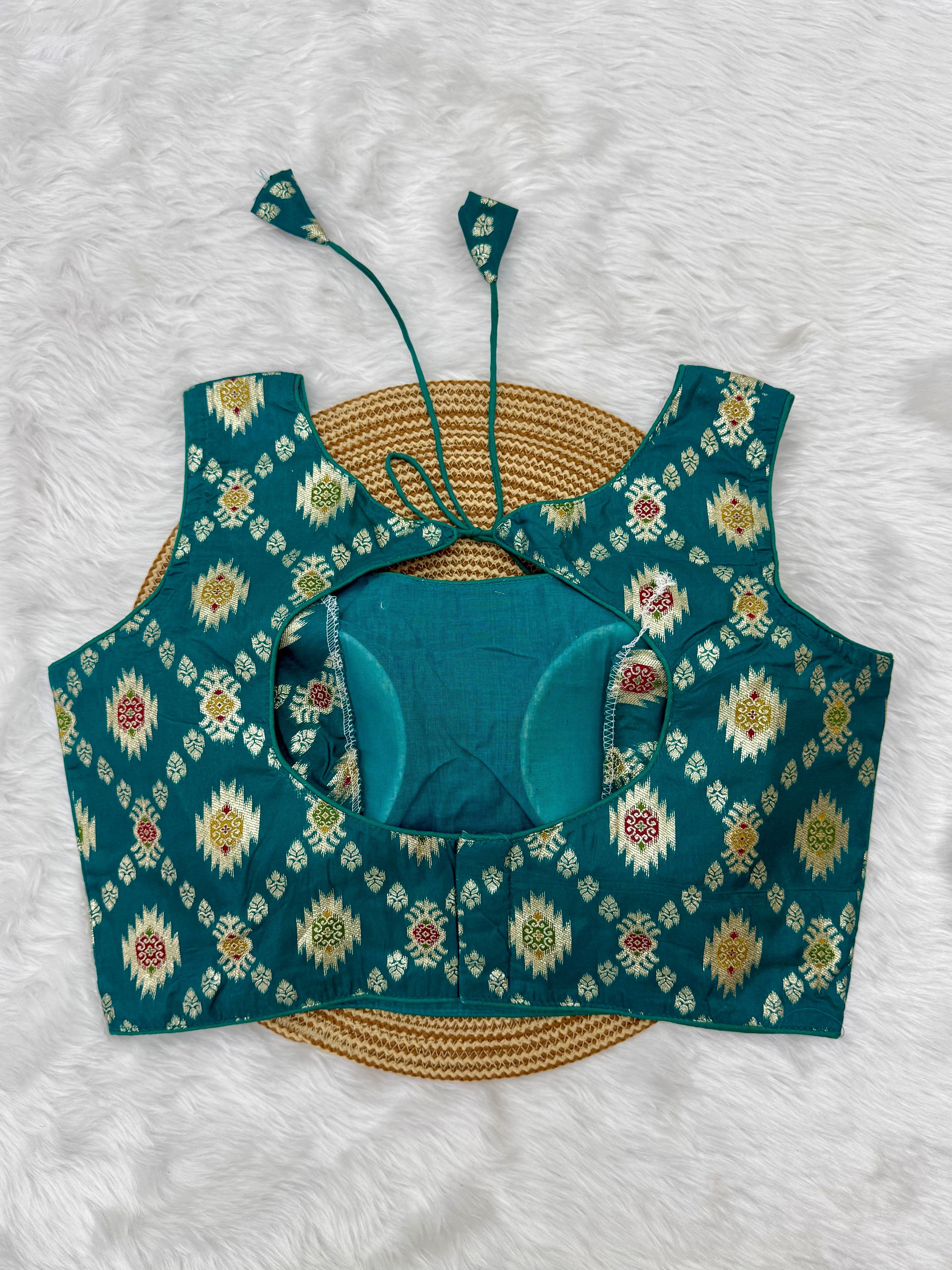 BANARASI BROCADE SLEEVELESS BLOUSE - TEAL GREEN