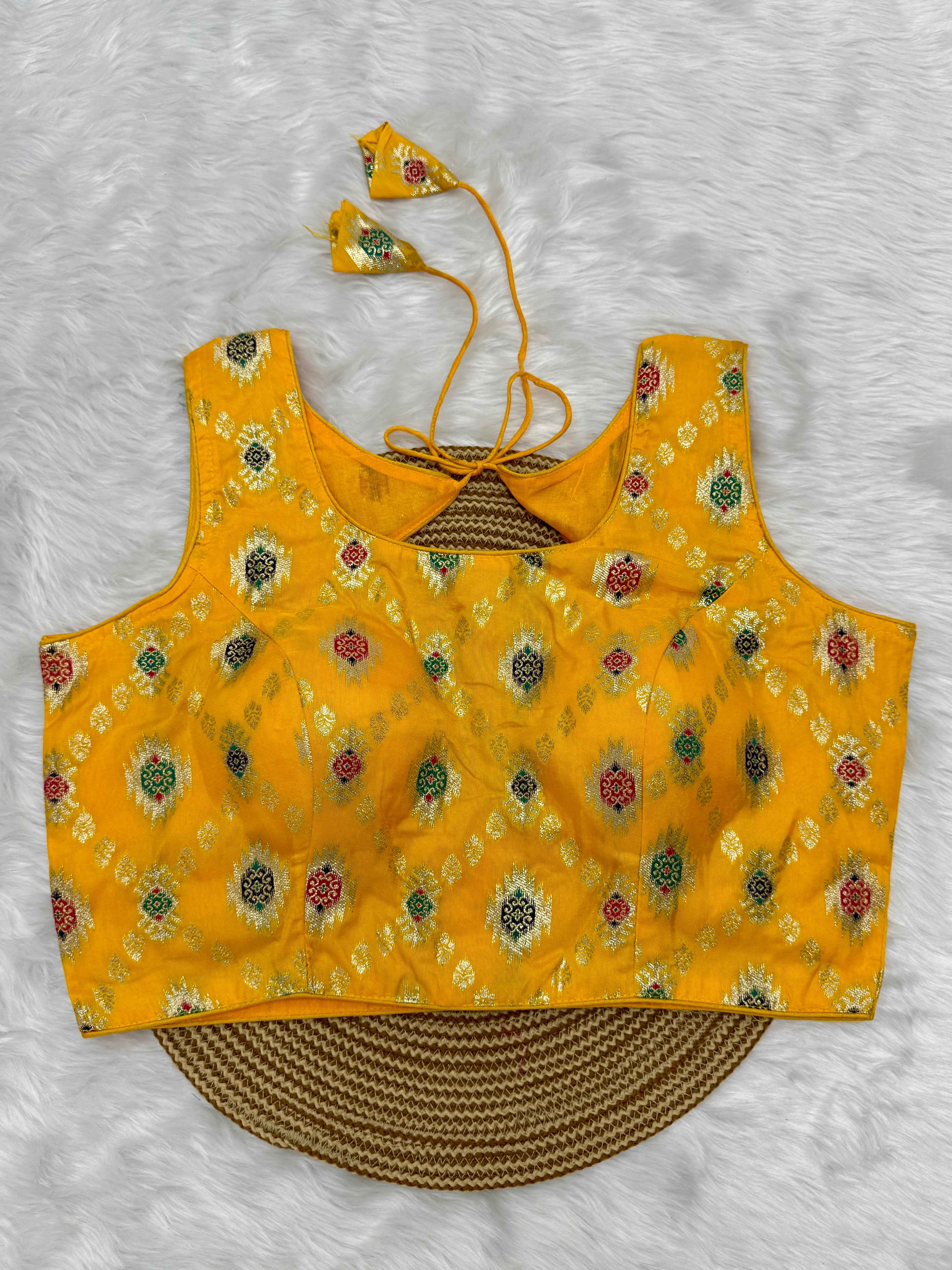 BANARASI BROCADE SLEEVELESS BLOUSE - YELLOW