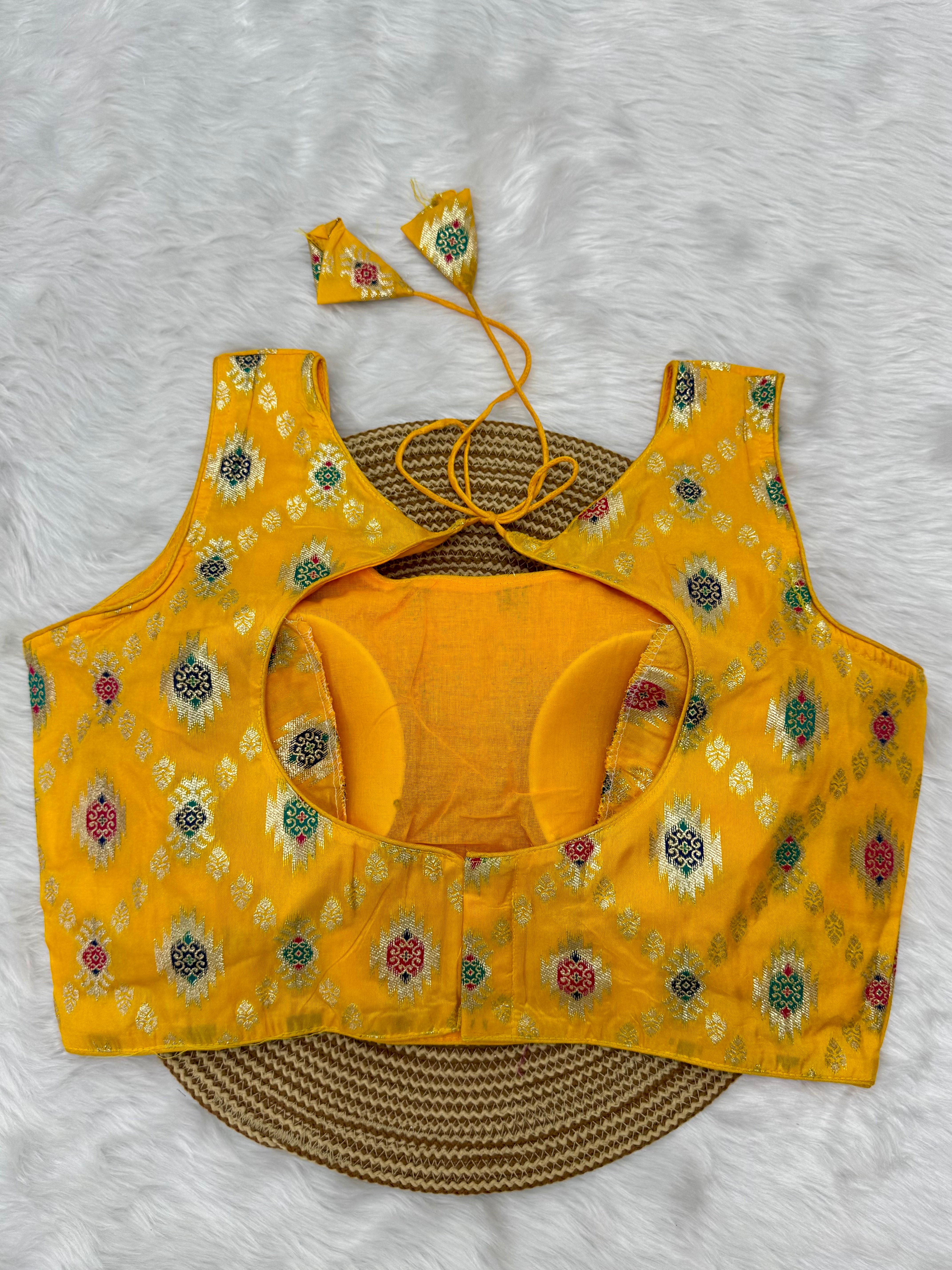 BANARASI BROCADE SLEEVELESS BLOUSE - YELLOW