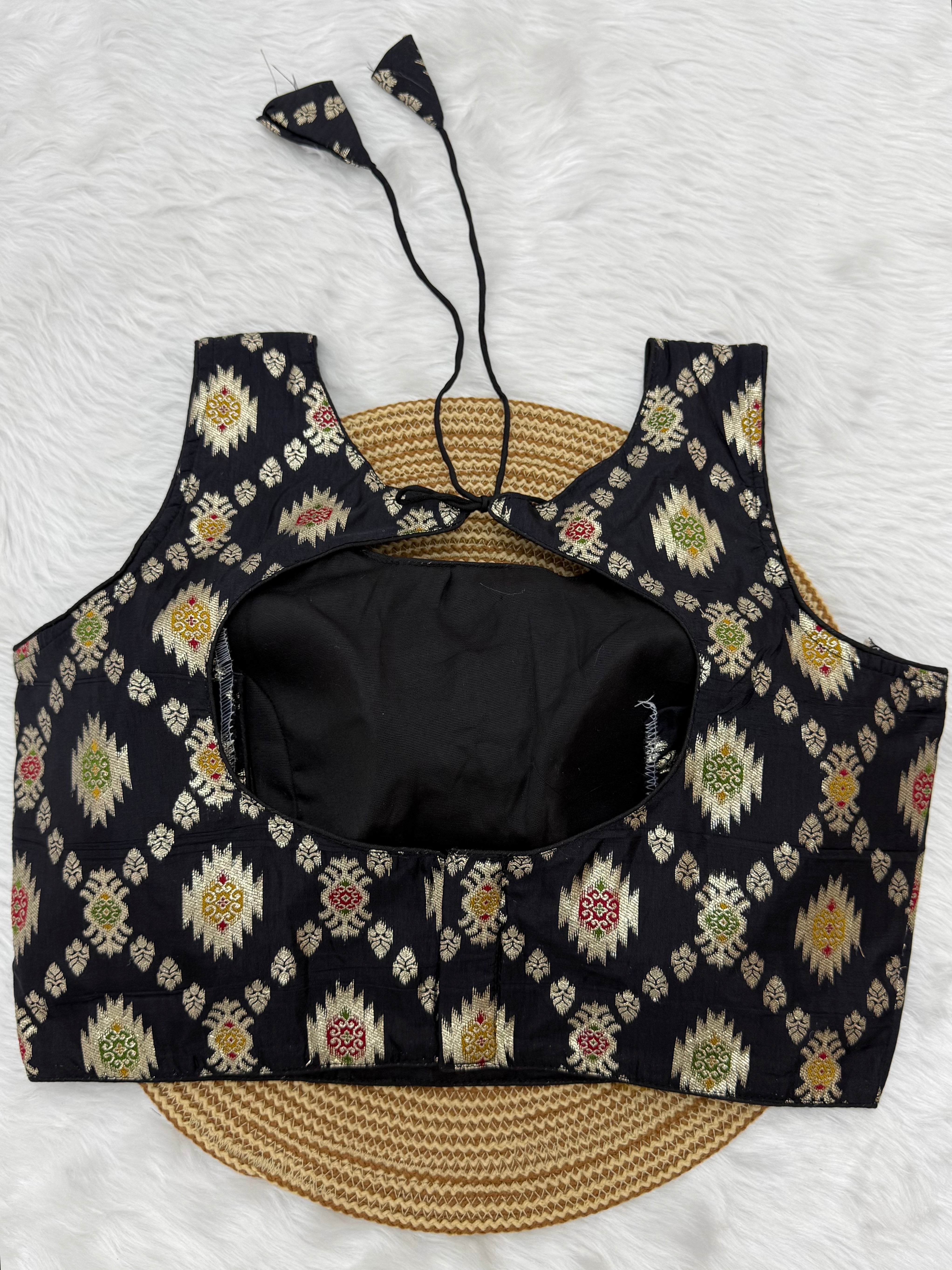BANARASI BROCADE SLEEVELESS BLOUSE - BLACK