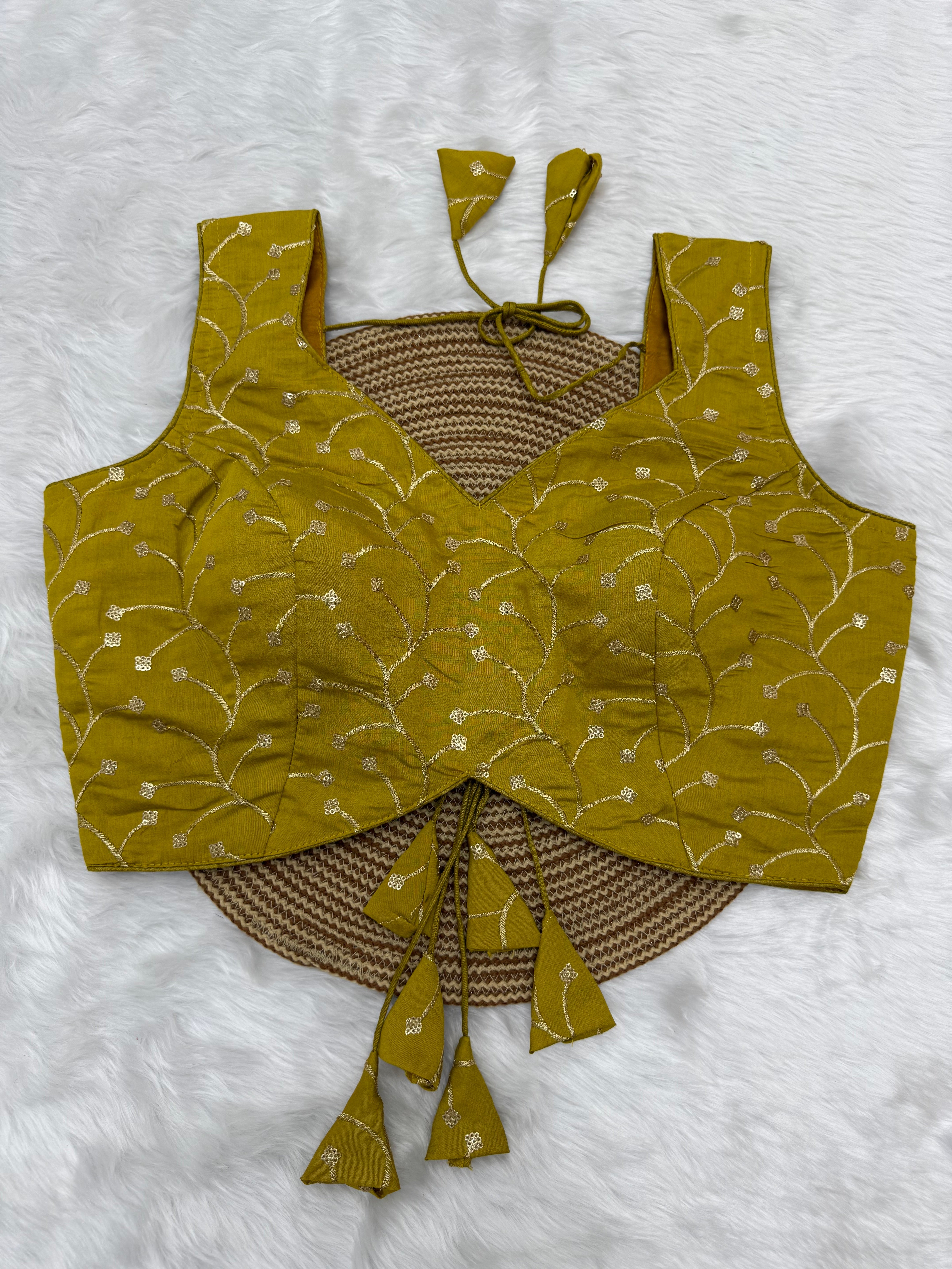 DESIGNER EMBRO-SEQUIN WORK SLEEVELESS  BLOUSE - MUSTARD