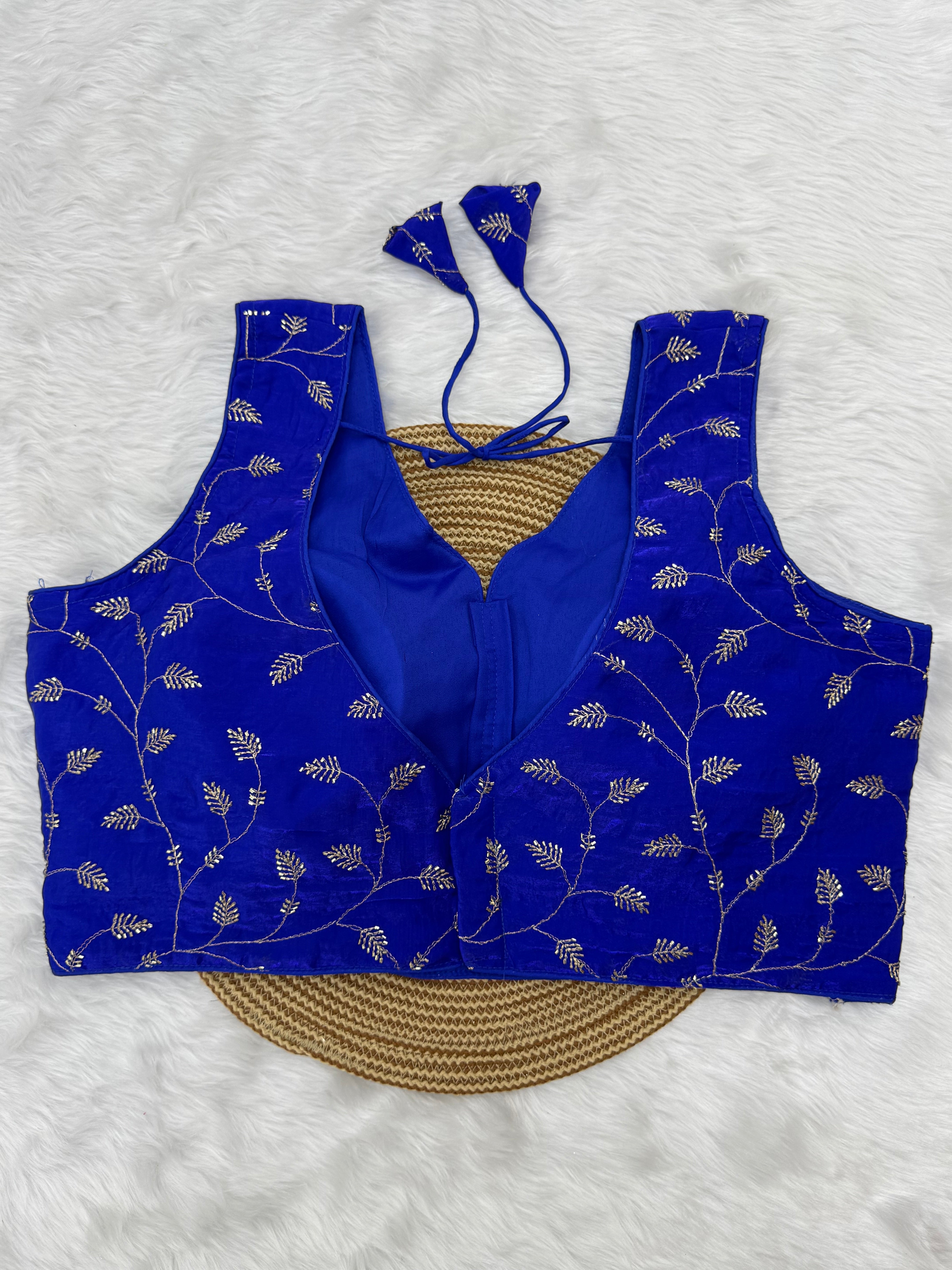 DESIGNER EMBRO-SEQUIN WORK SLEEVELESS  BLOUSE - ROYAL BLUE