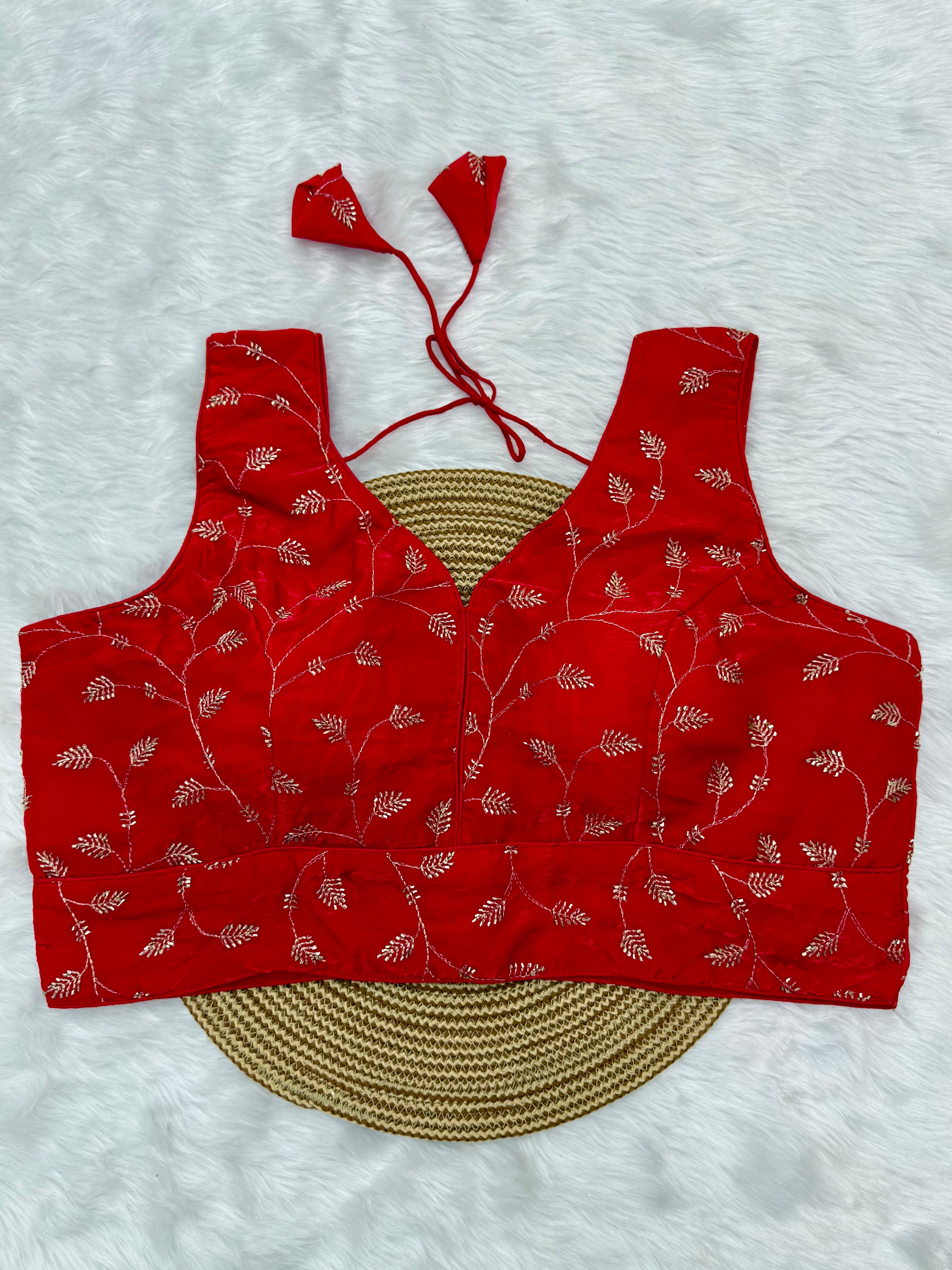 DESIGNER EMBRO-SEQUIN WORK SLEEVELESS  BLOUSE - RED