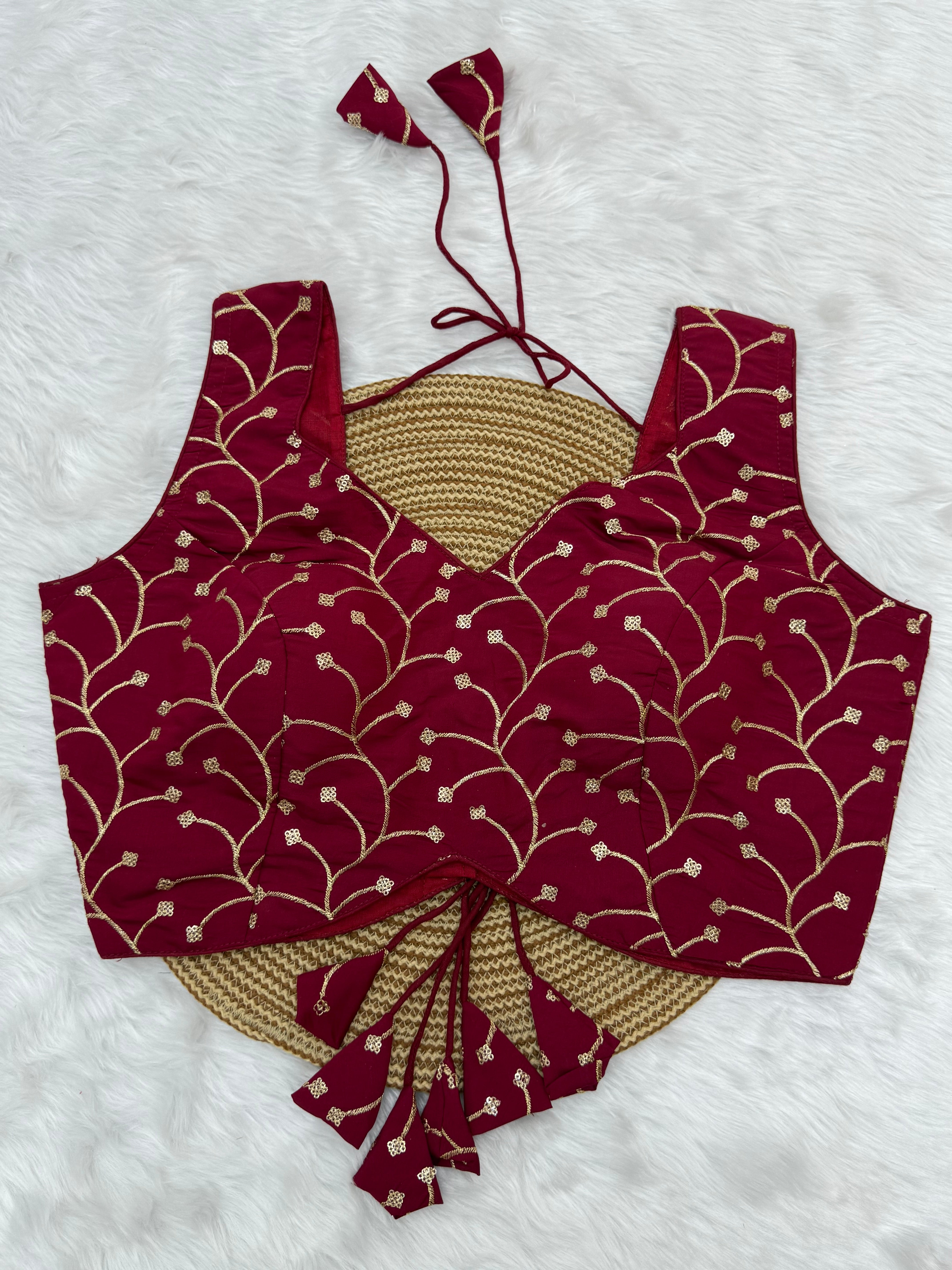 DESIGNER EMBRO-SEQUIN WORK SLEEVELESS  BLOUSE - RED