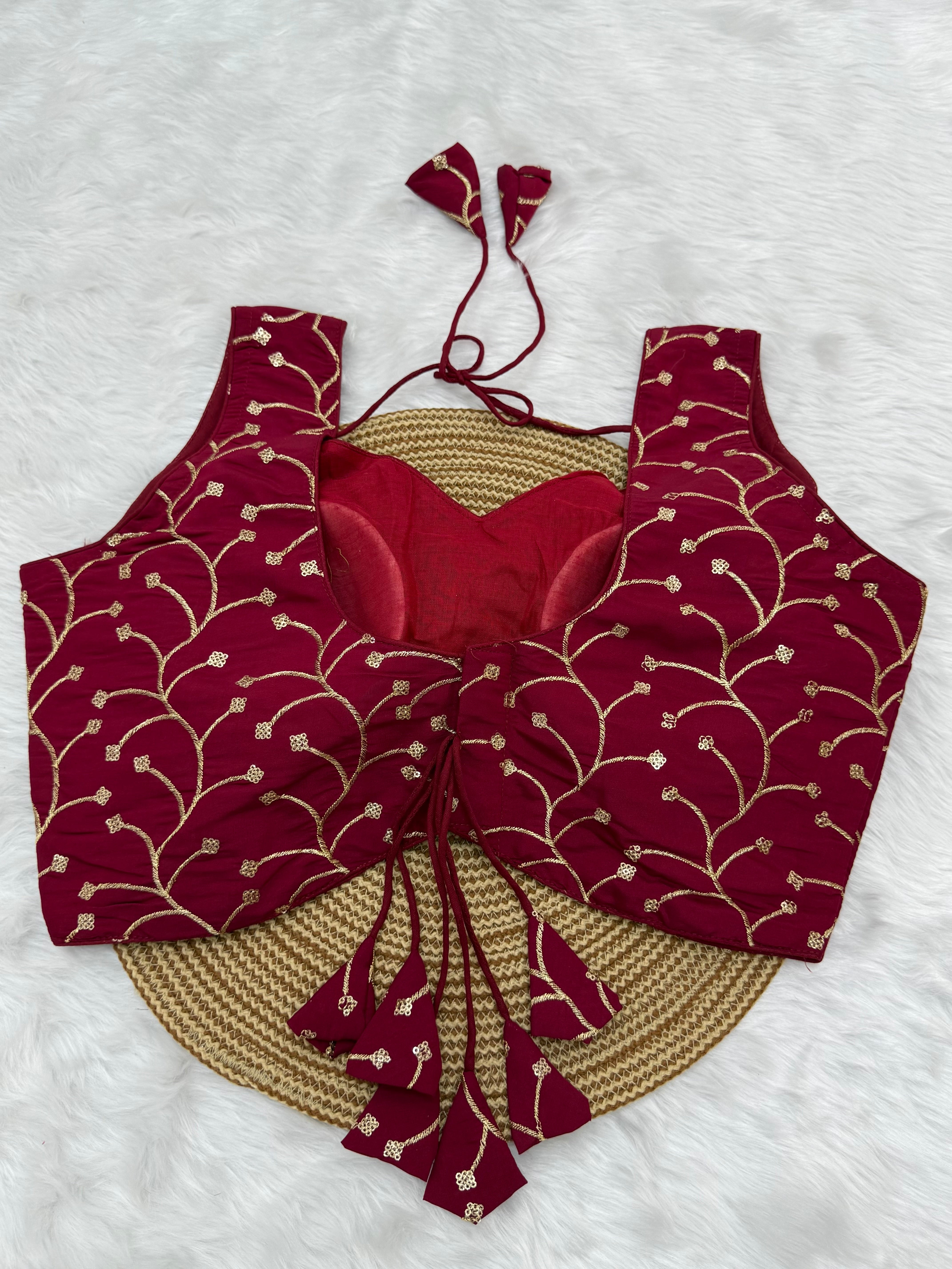 DESIGNER EMBRO-SEQUIN WORK SLEEVELESS  BLOUSE - RED