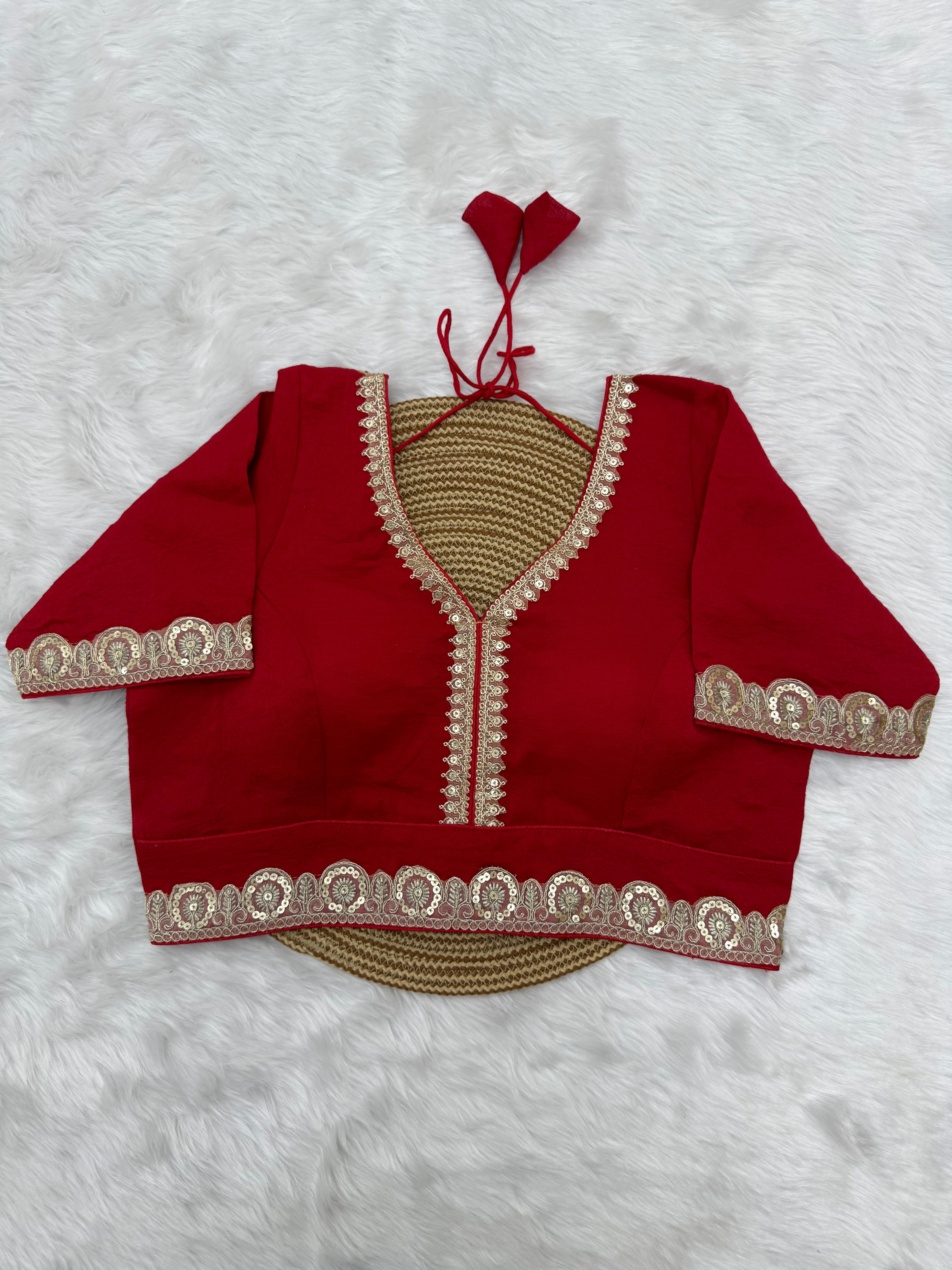 BRIDAL GOLDEN SEQUIN LACEWORK SILK BLOUSE - RED