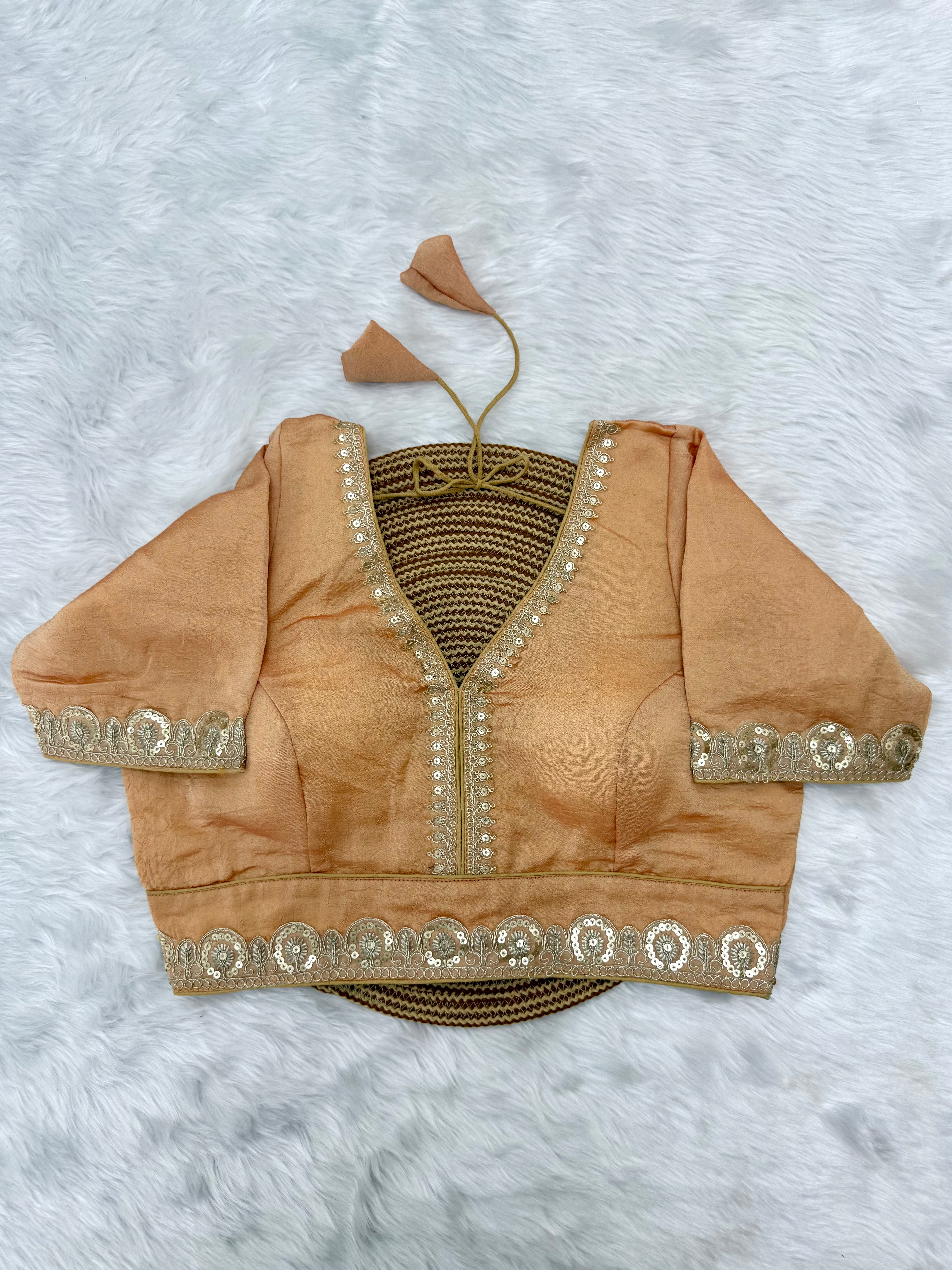 BRIDAL GOLDEN SEQUIN LACEWORK SILK BLOUSE - PEACH