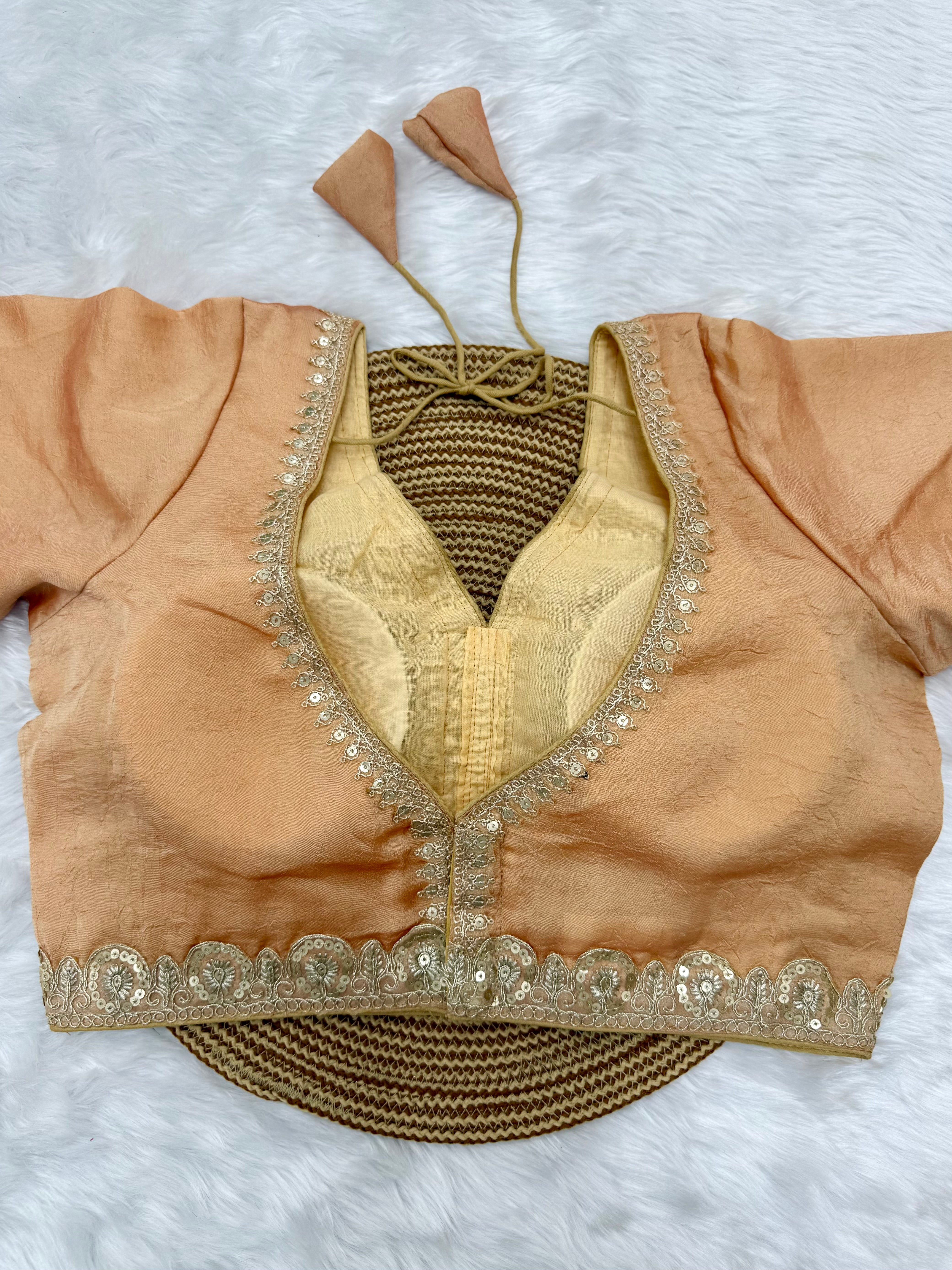 BRIDAL GOLDEN SEQUIN LACEWORK SILK BLOUSE - PEACH