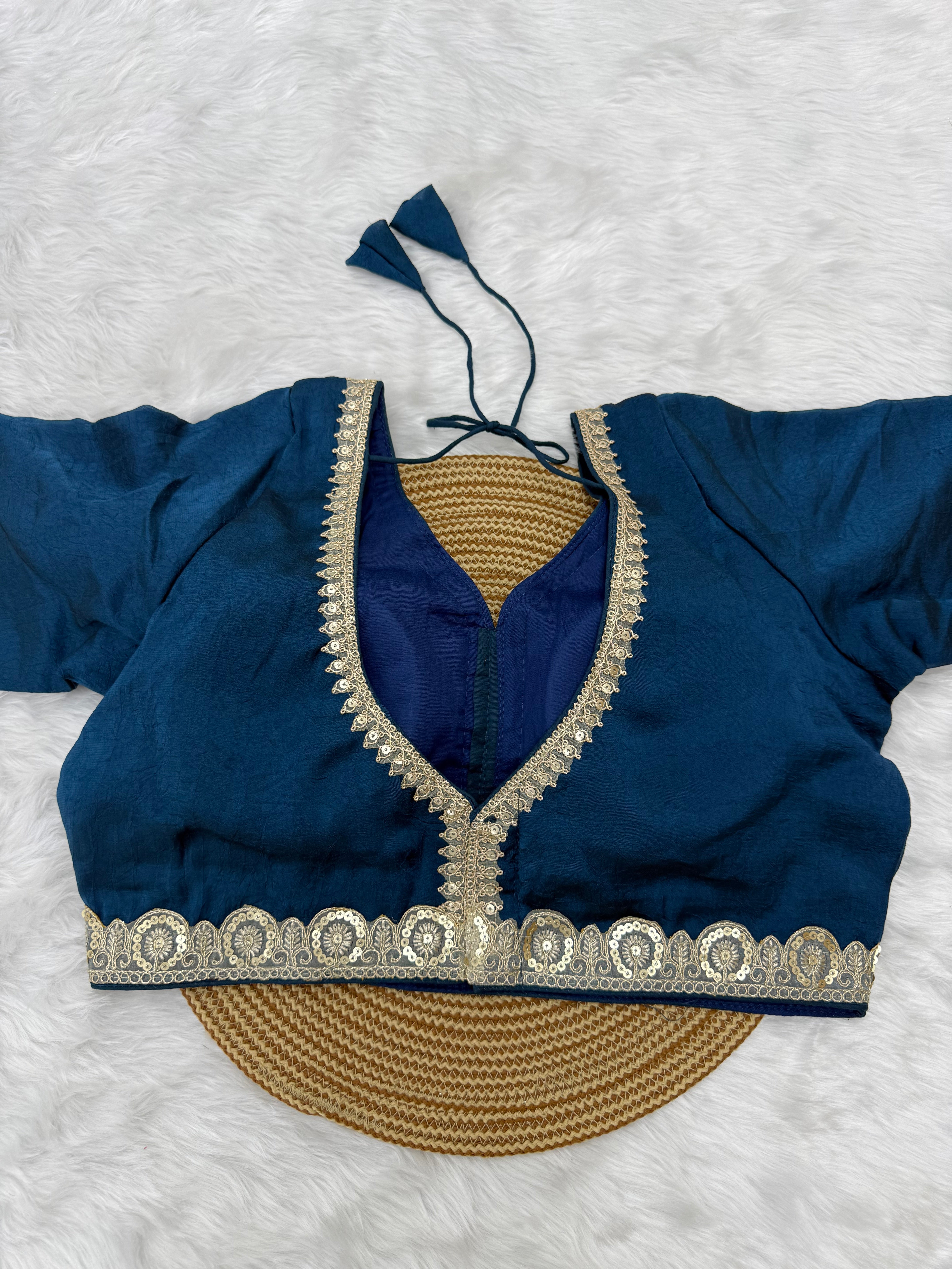 BRIDAL GOLDEN SEQUIN LACEWORK SILK BLOUSE - TEAL BLUE