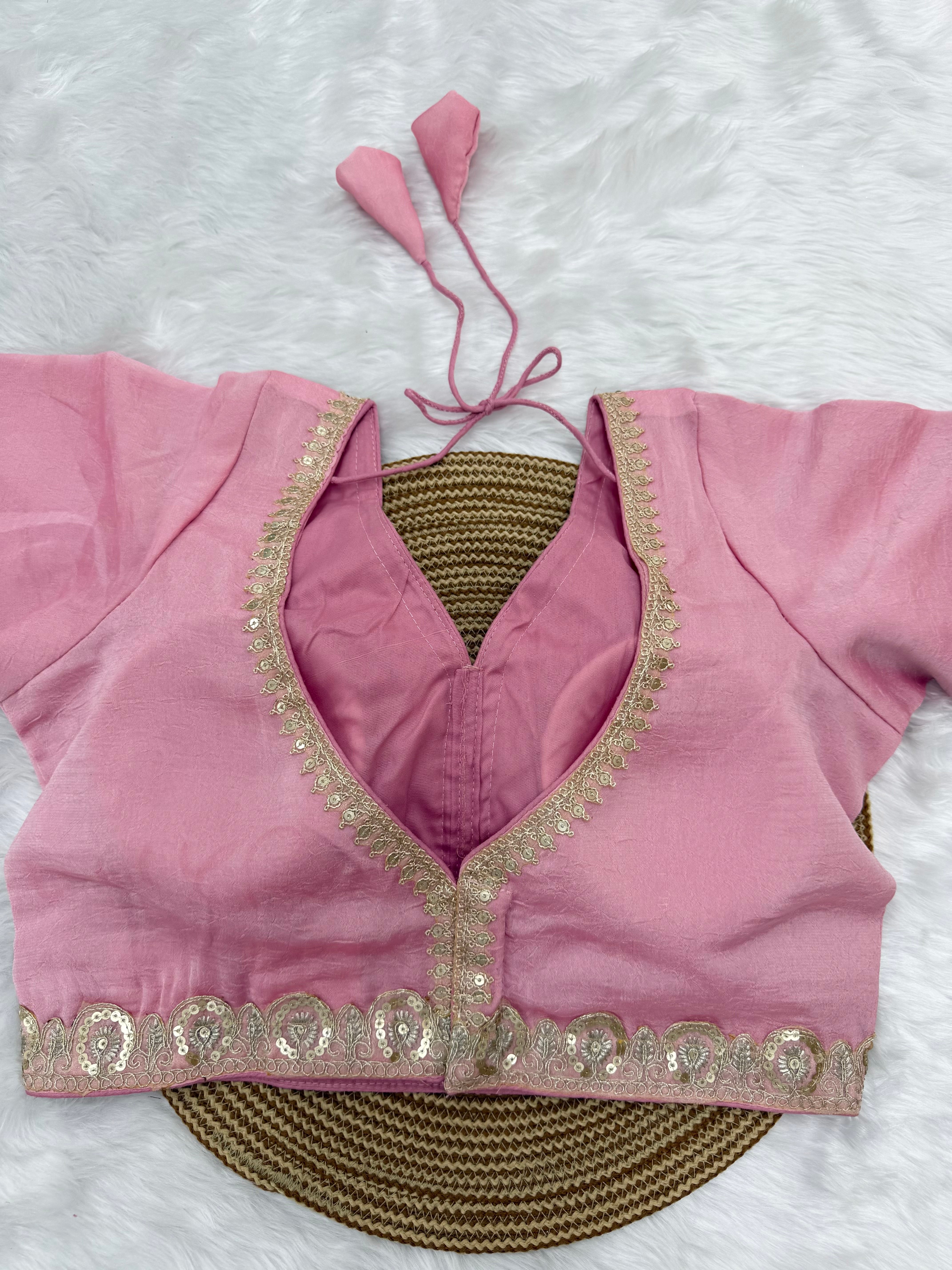 BRIDAL GOLDEN SEQUIN LACEWORK SILK BLOUSE - ROSE PINK