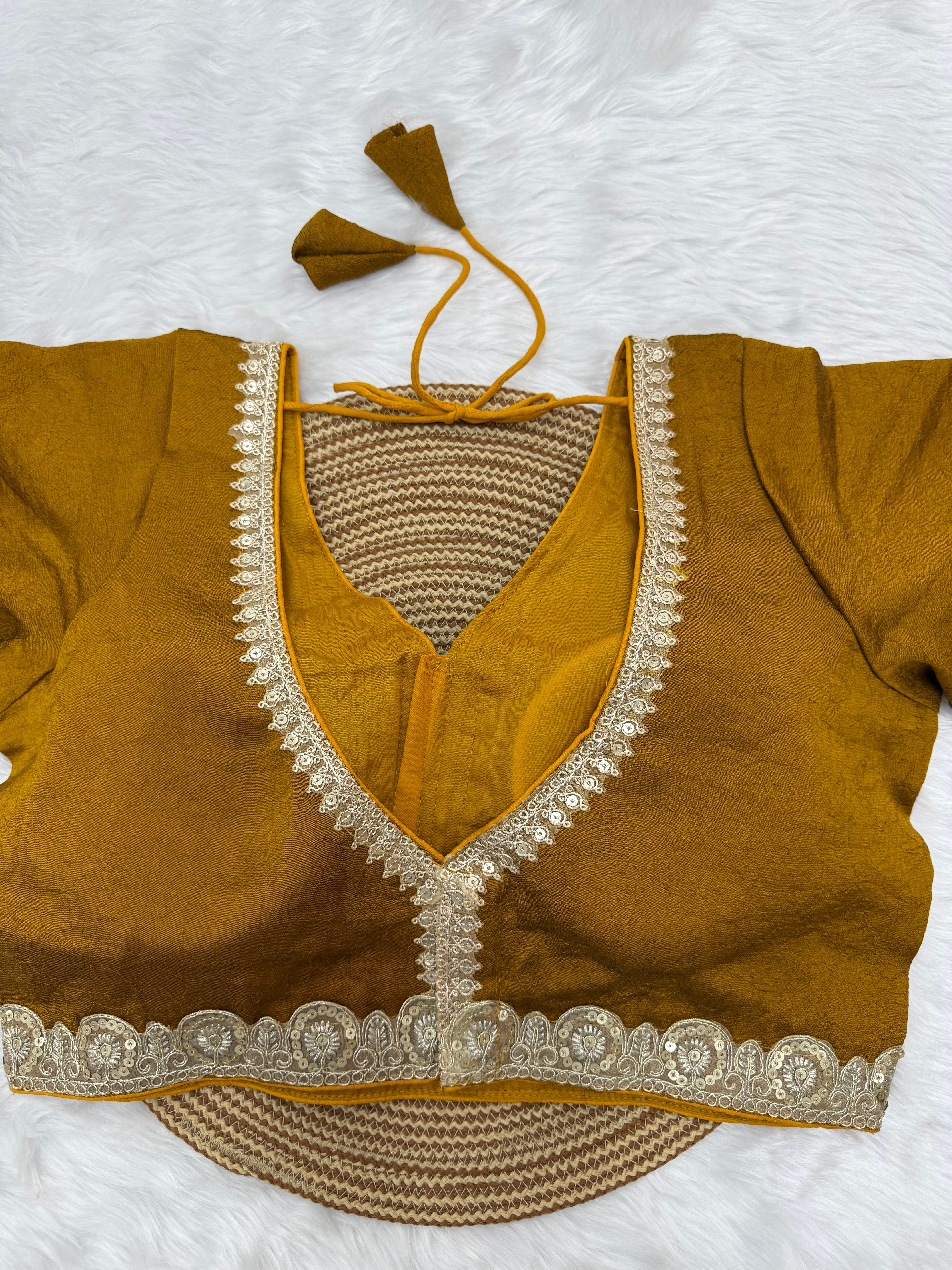 BRIDAL GOLDEN SEQUIN LACEWORK SILK BLOUSE - MUSTARD