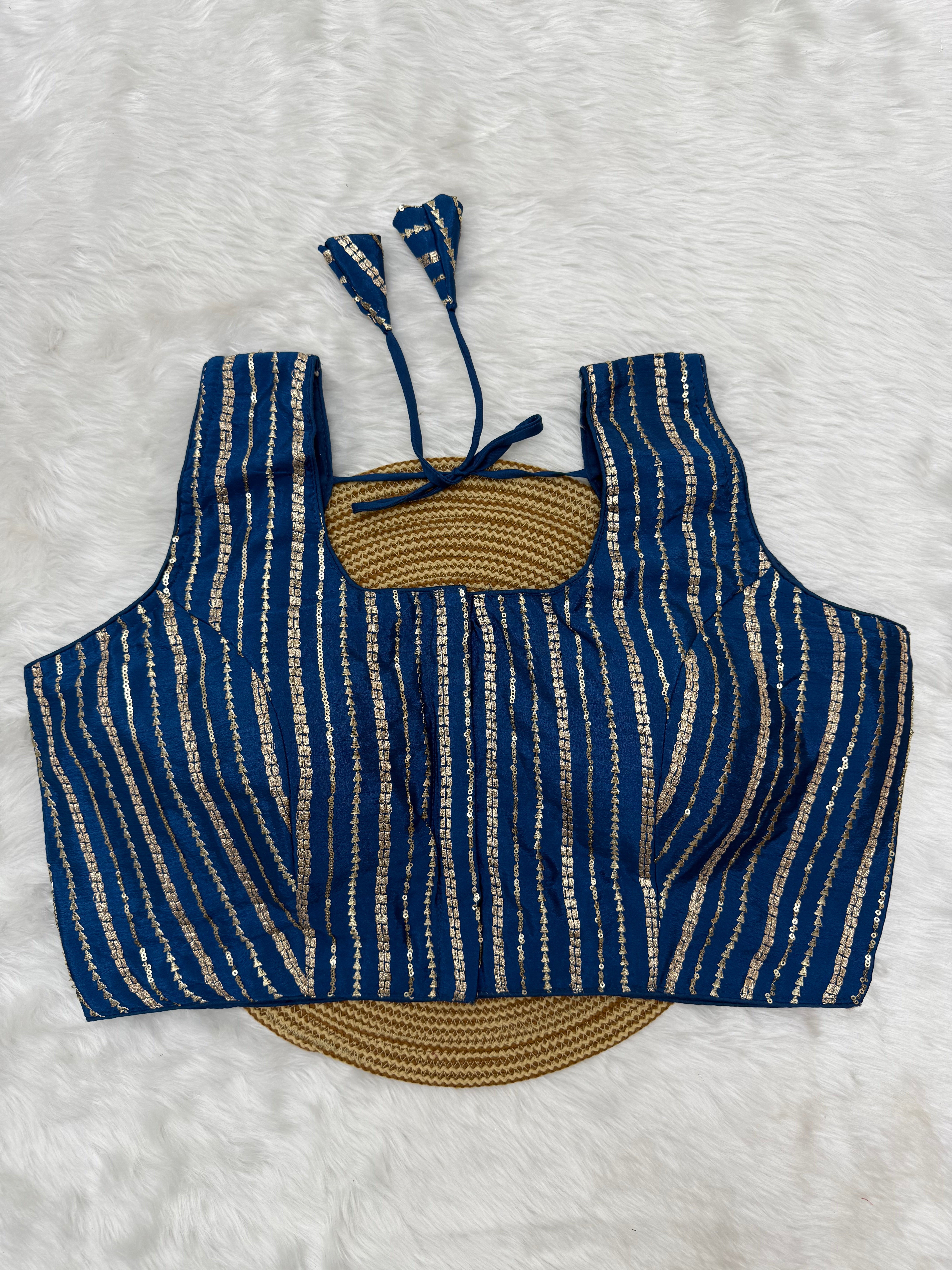 SEQUIN WORK SLEEVELESS PLUS SIZE FANCY BLOUSE - BLUE