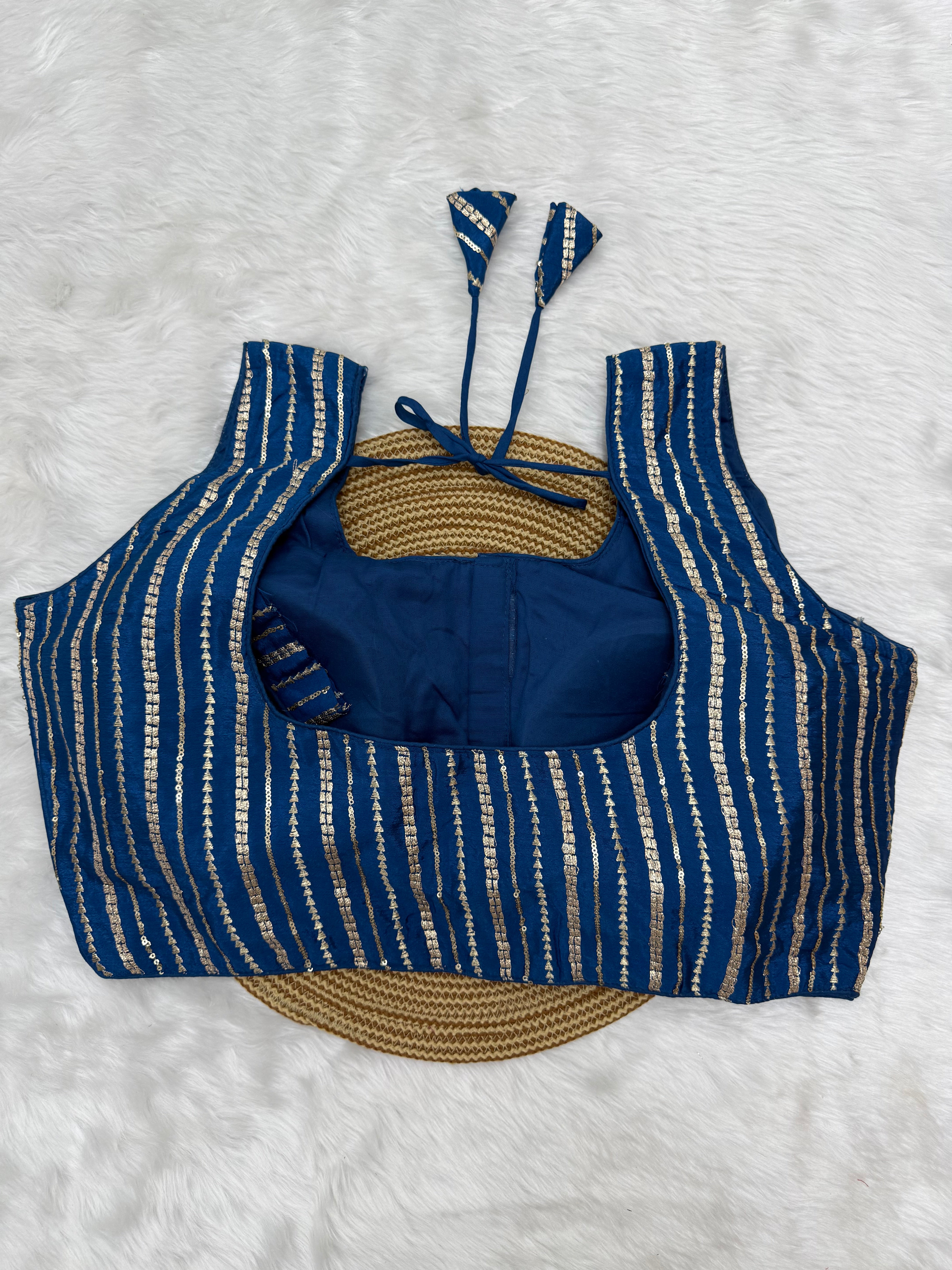 SEQUIN WORK SLEEVELESS PLUS SIZE FANCY BLOUSE - BLUE