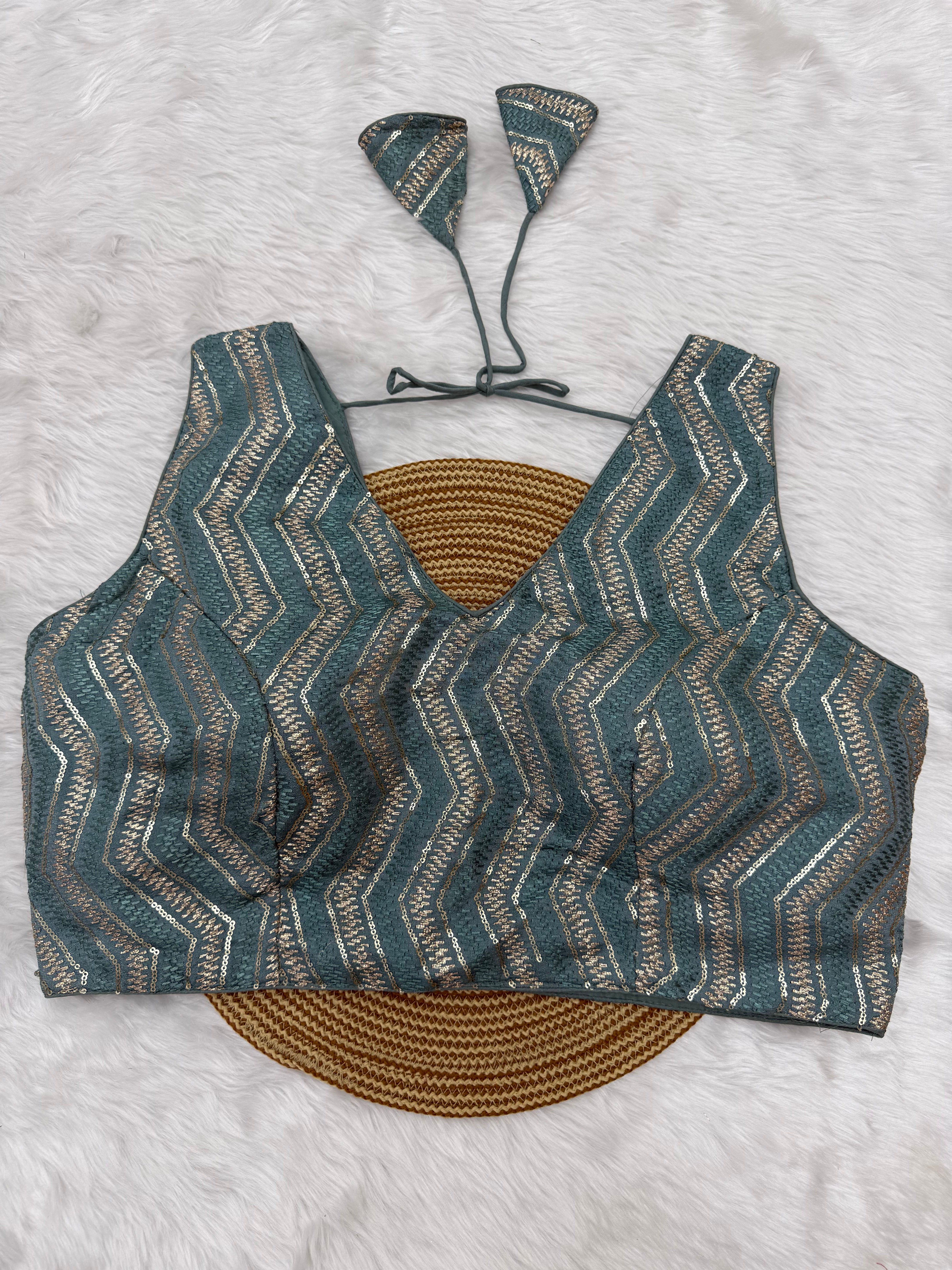 SEQUIN WORK SLEEVELESS PLUS SIZE FANCY BLOUSE - POWDER BLUE