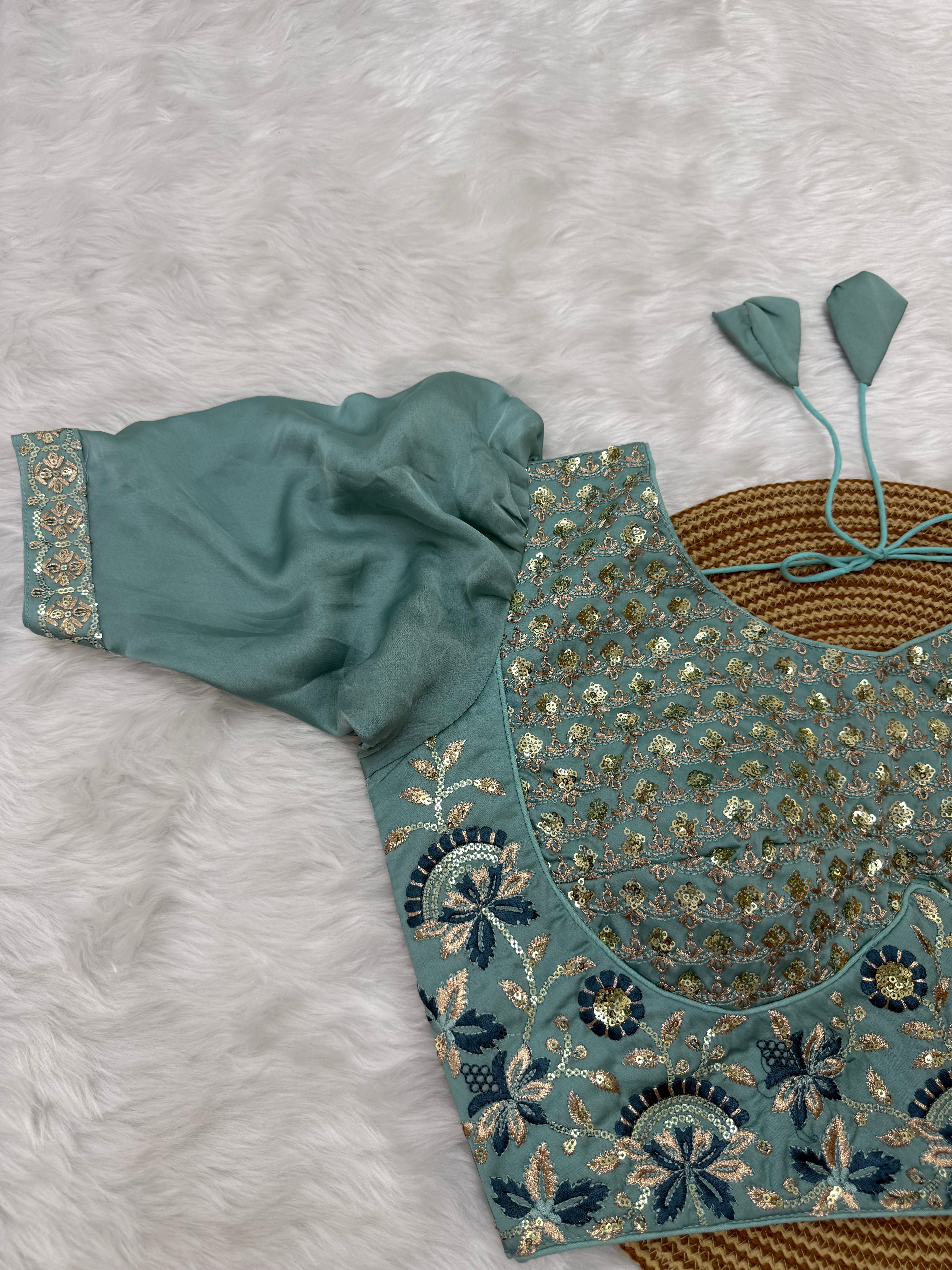 HEAVY EMBRO-SEQUIN WORK DESIGNER BLOUSE - TURQUOISE