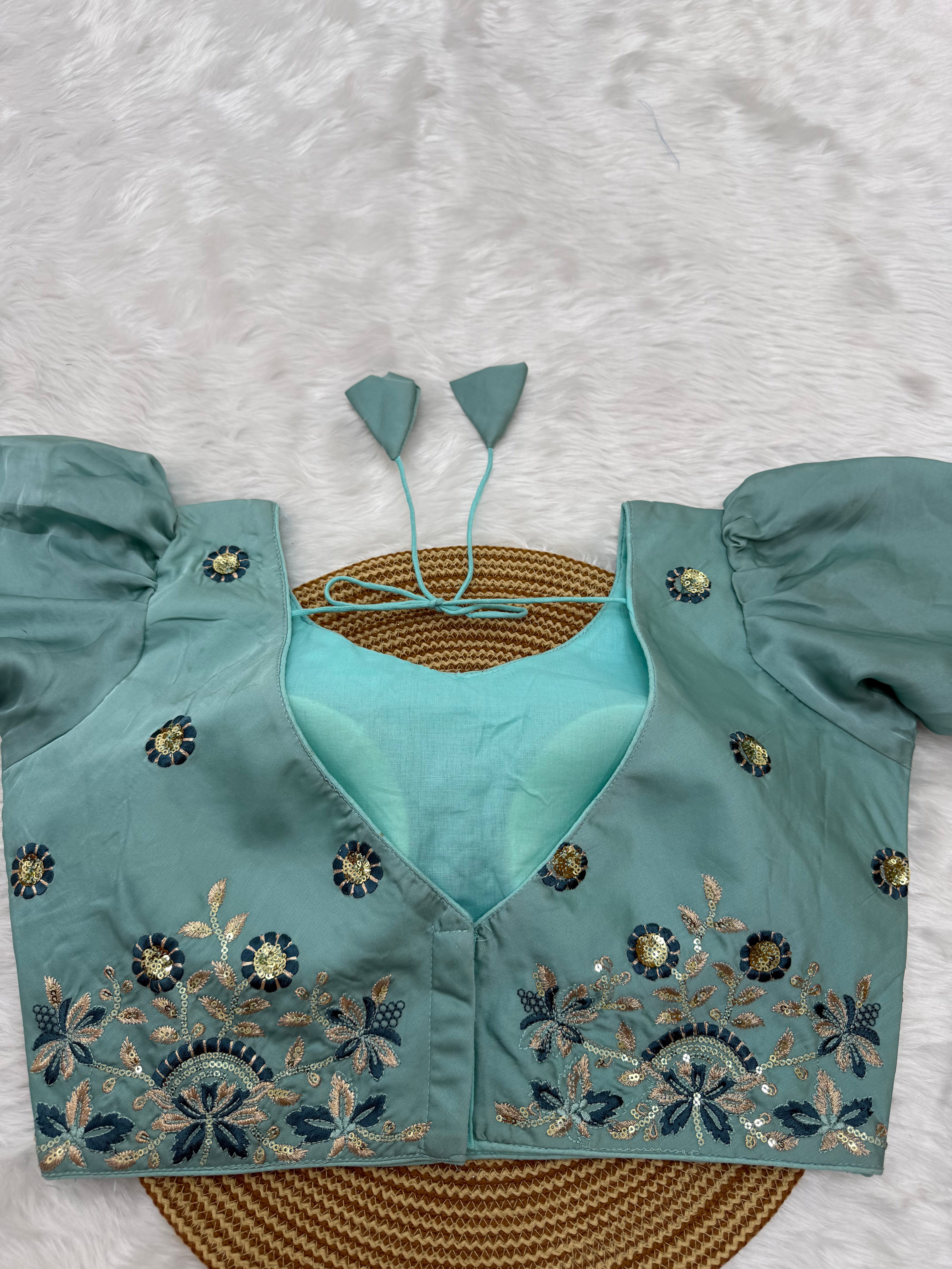 HEAVY EMBRO-SEQUIN WORK DESIGNER BLOUSE - TURQUOISE