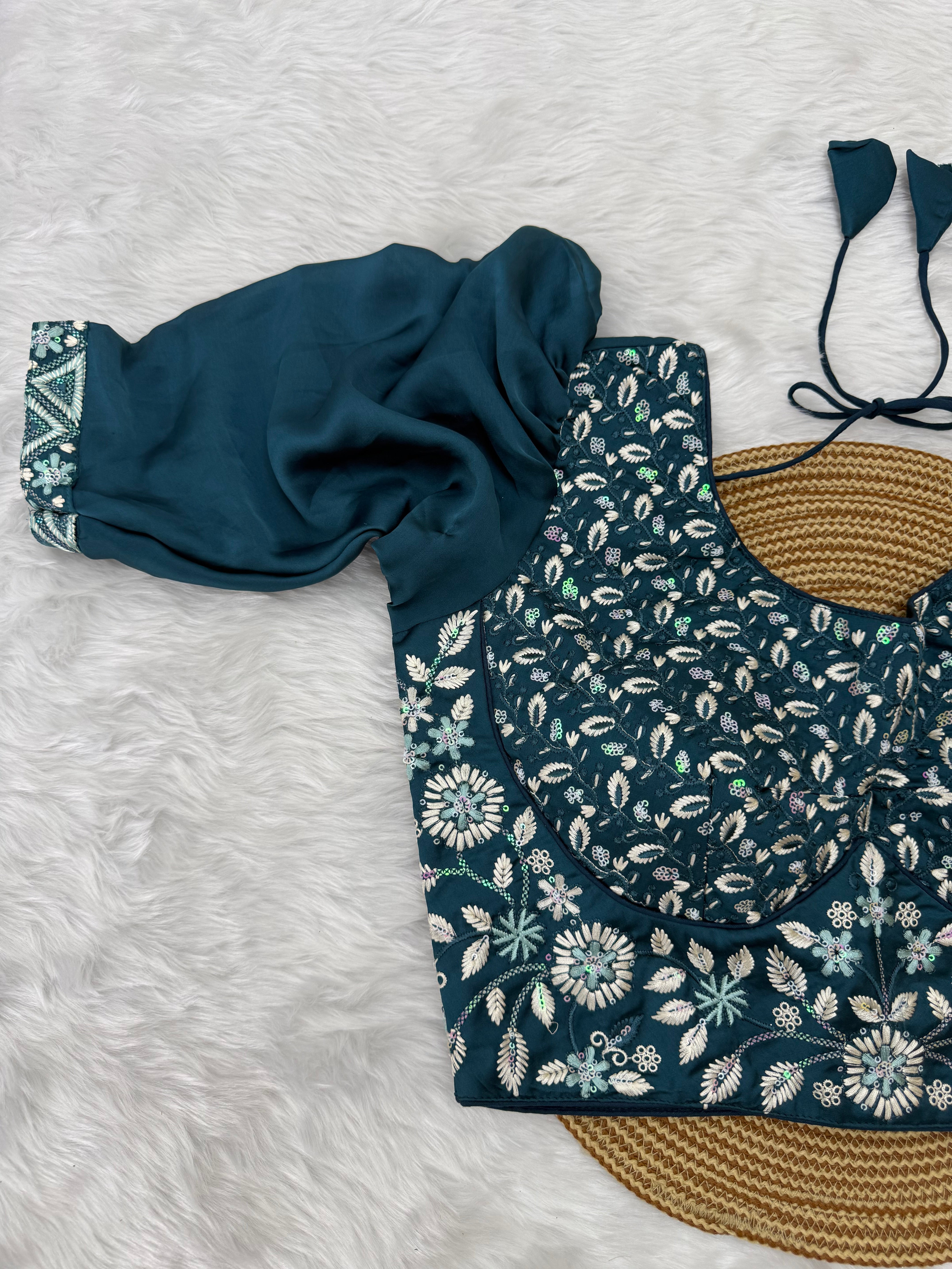 HEAVY EMBRO-SEQUIN WORK DESIGNER BLOUSE - TEAL BLUE