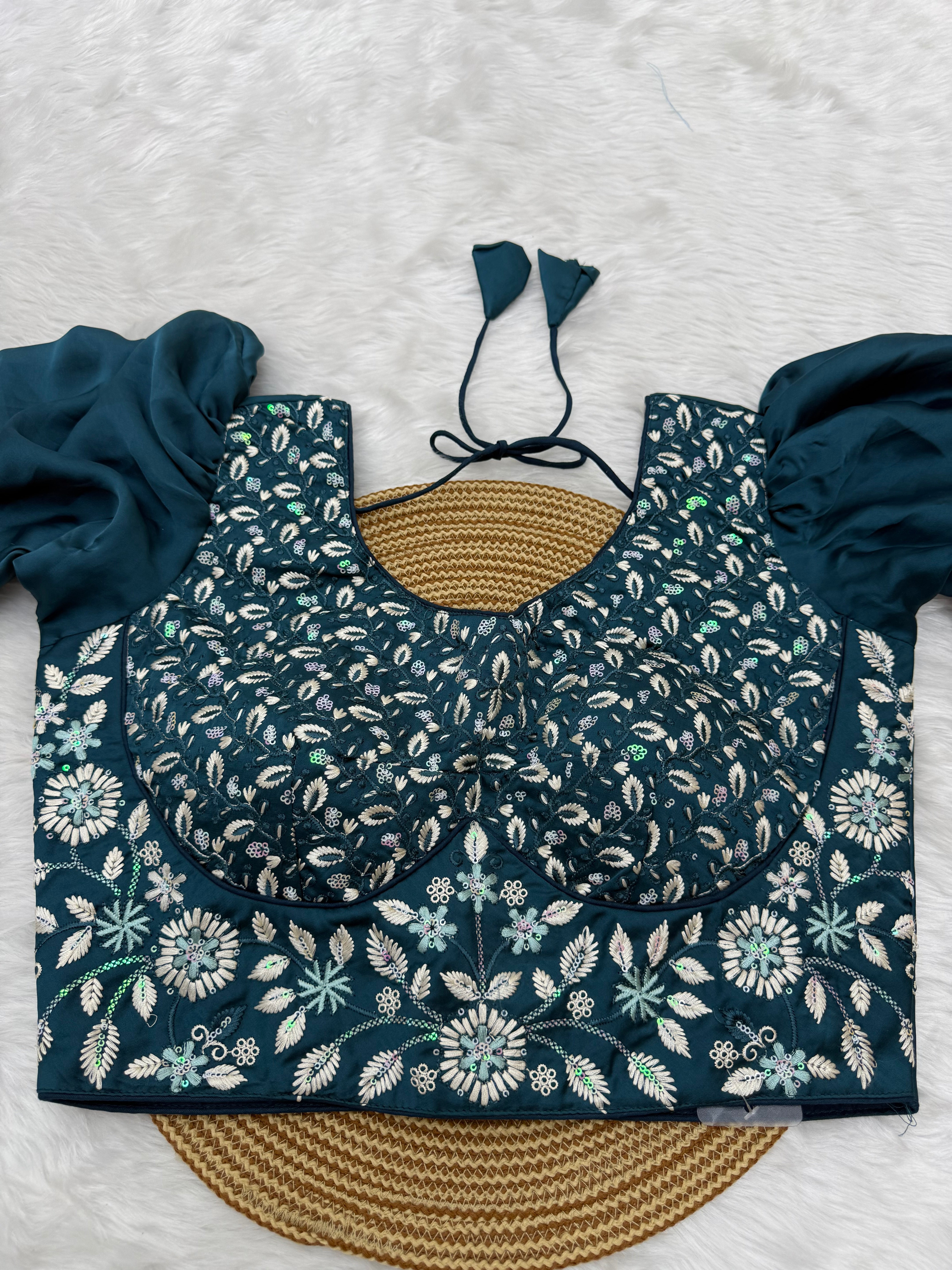HEAVY EMBRO-SEQUIN WORK DESIGNER BLOUSE - TEAL BLUE