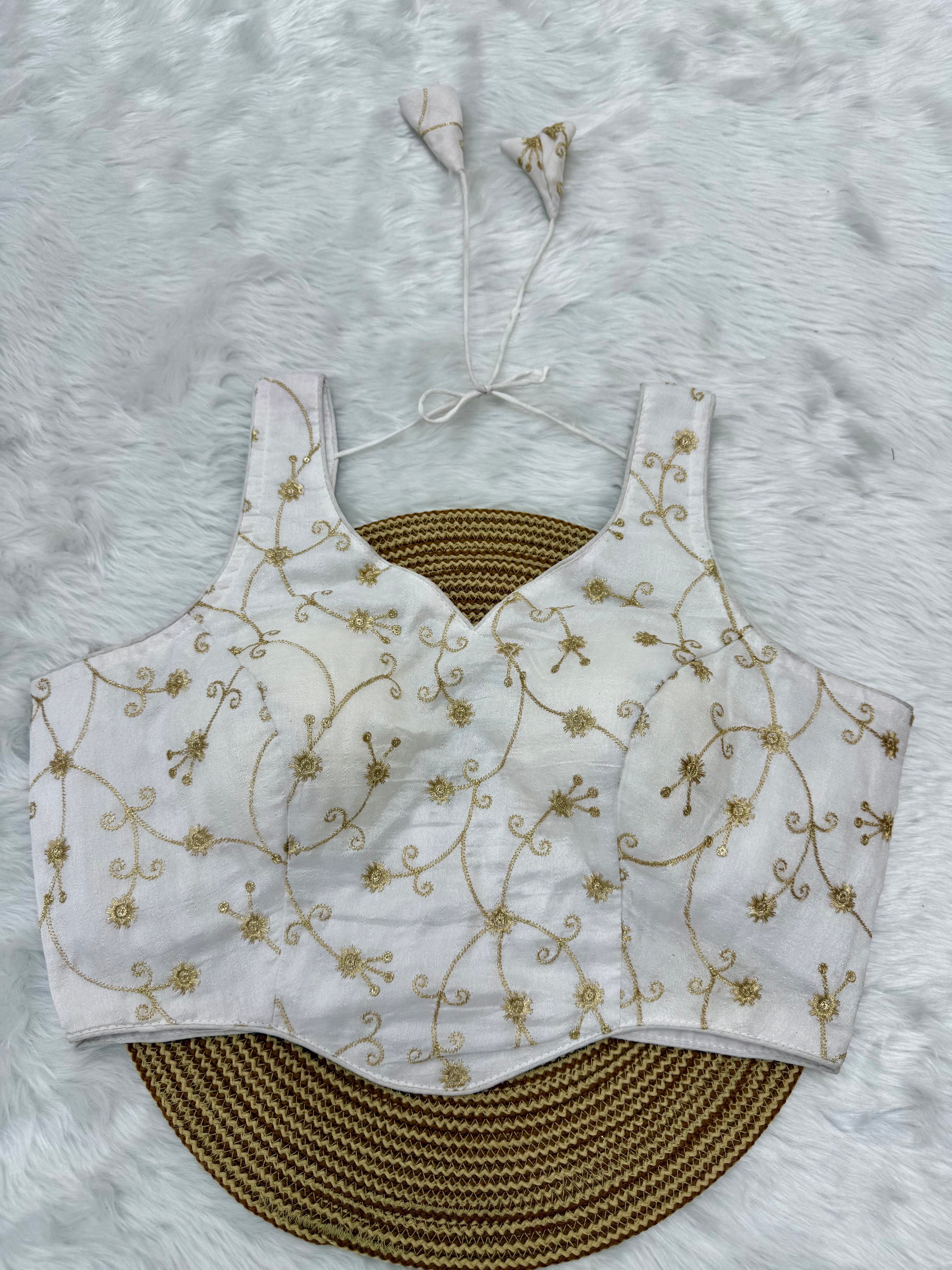 DESIGNER EMBRO-SEQUIN WORK SLEEVELESS  BLOUSE - WHITE