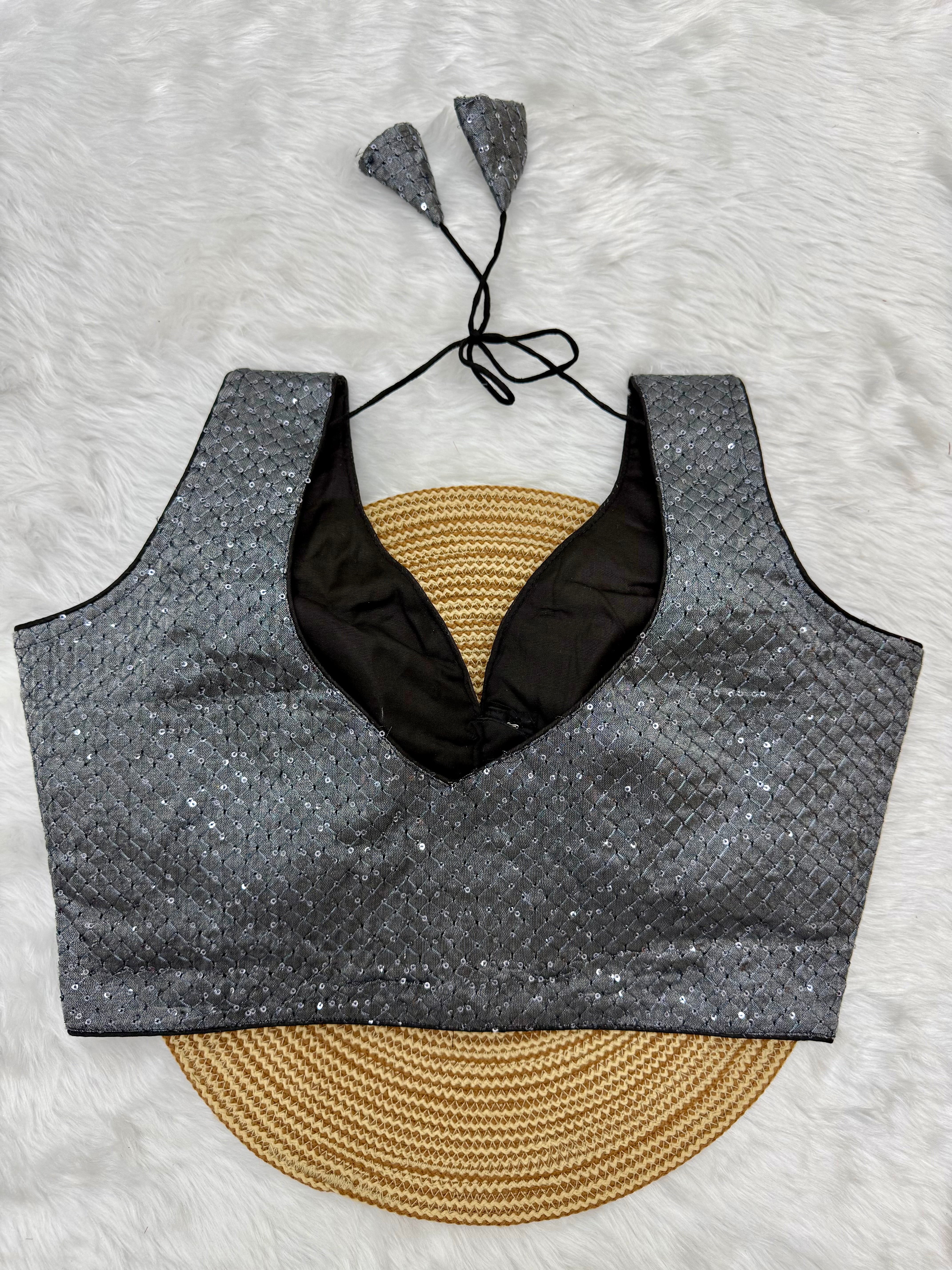 DESIGNER SEQUIN WORK SLEEVELESS  BLOUSE - GREY