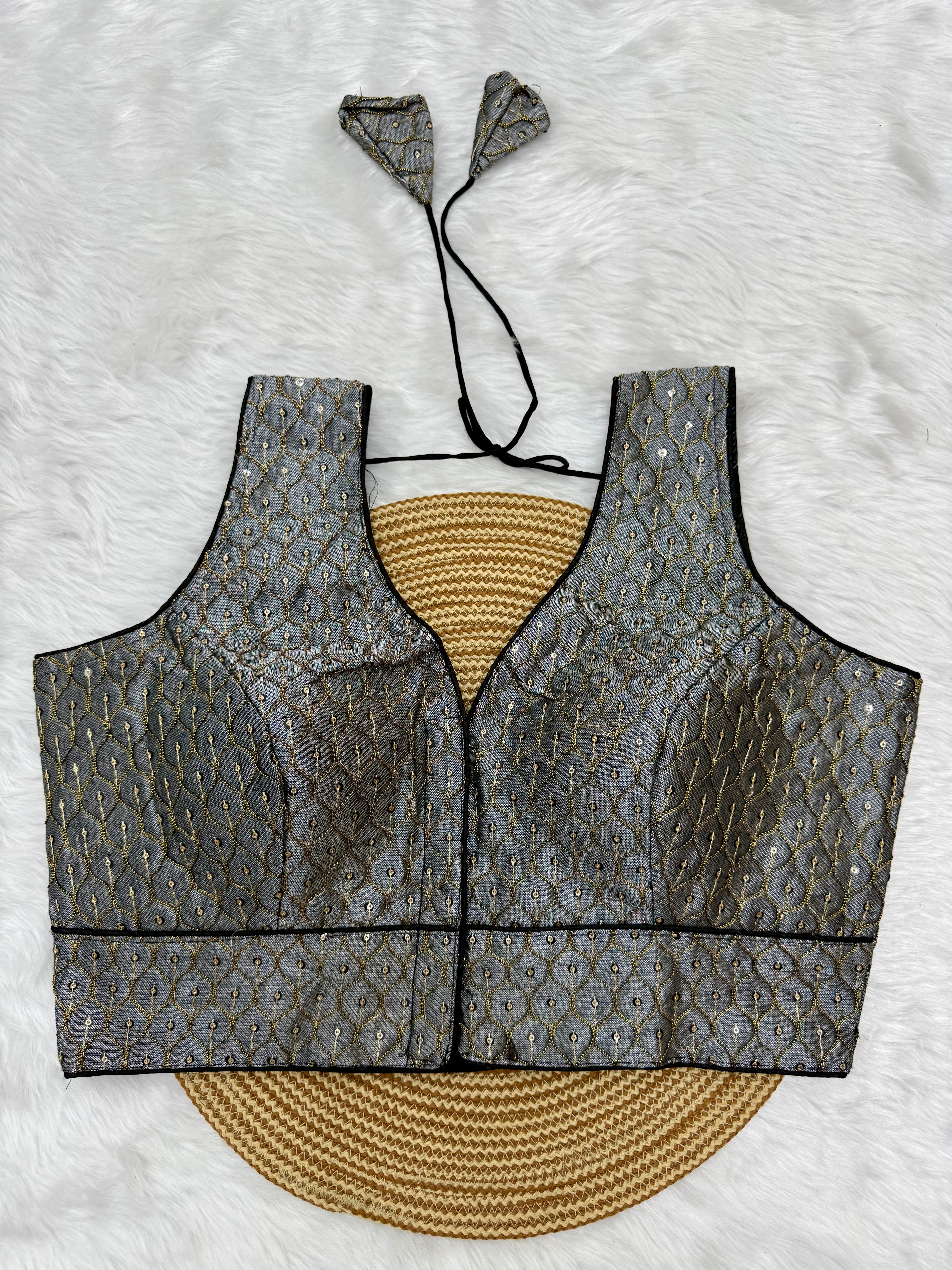 DESIGNER SEQUIN WORK SLEEVELESS  BLOUSE - GREY