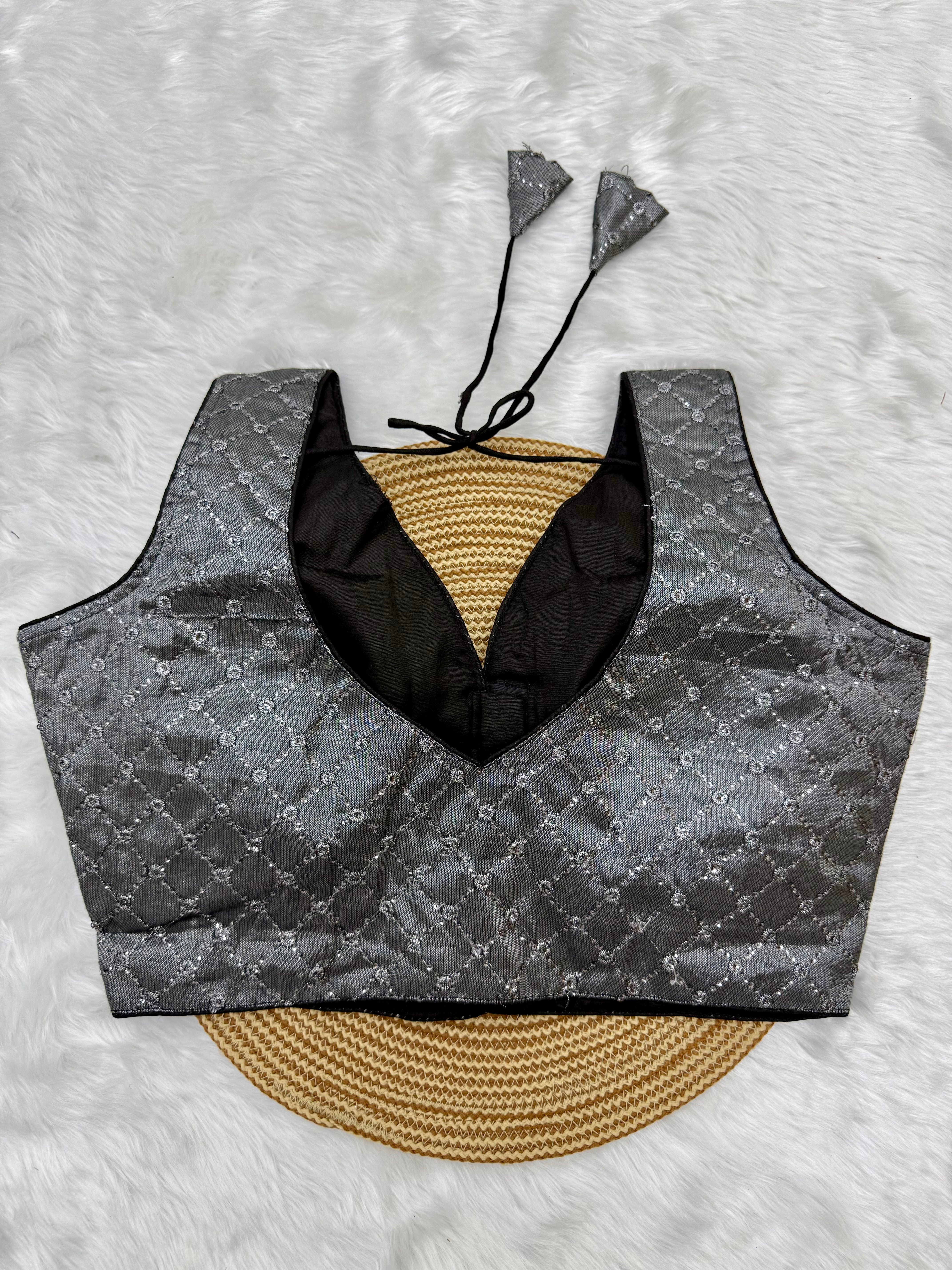 DESIGNER SEQUIN WORK SLEEVELESS  BLOUSE - GREY