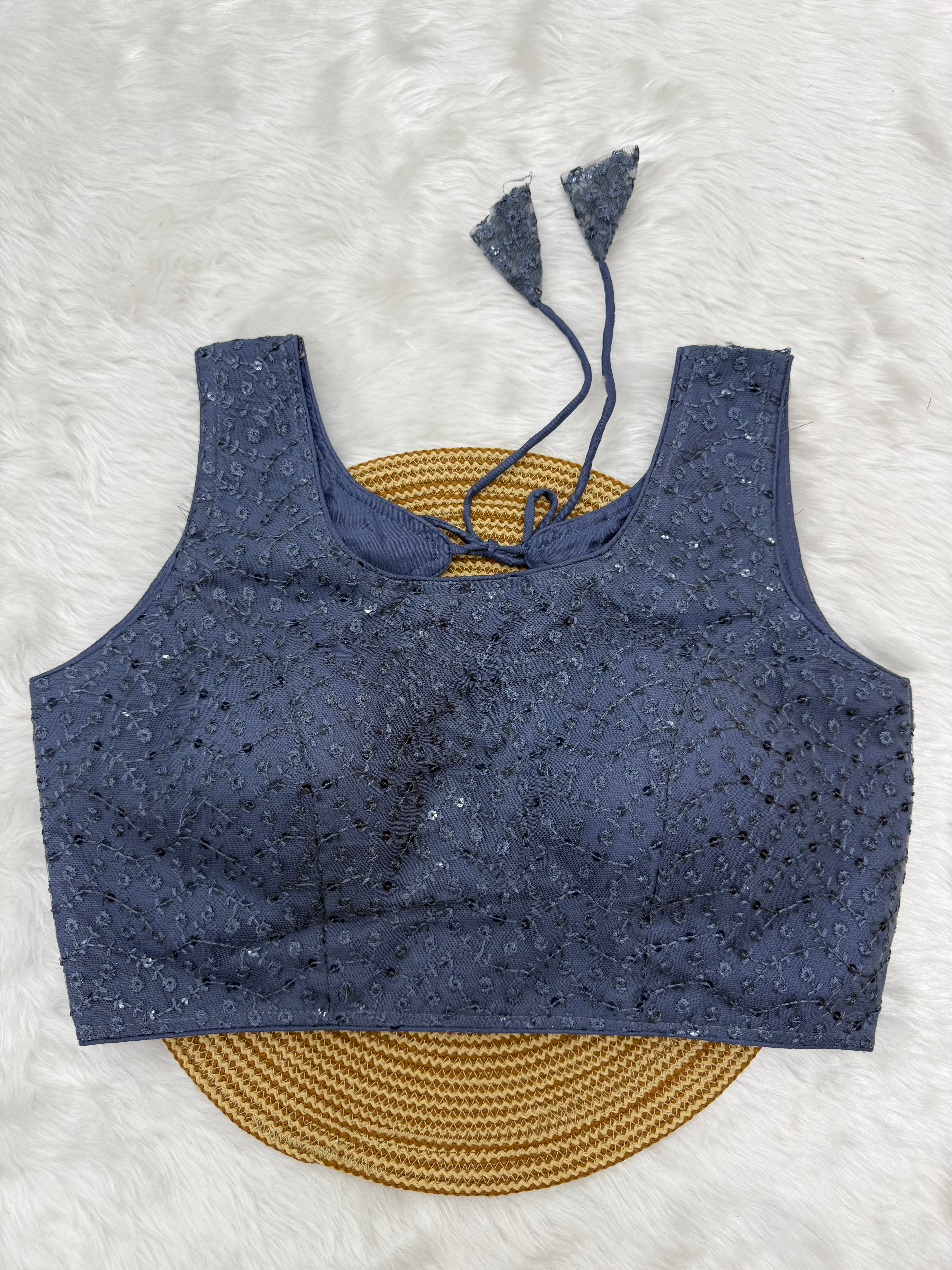SLEEVELESS DESIGNER READYMADE BLOUSE - GREYISH BLUE