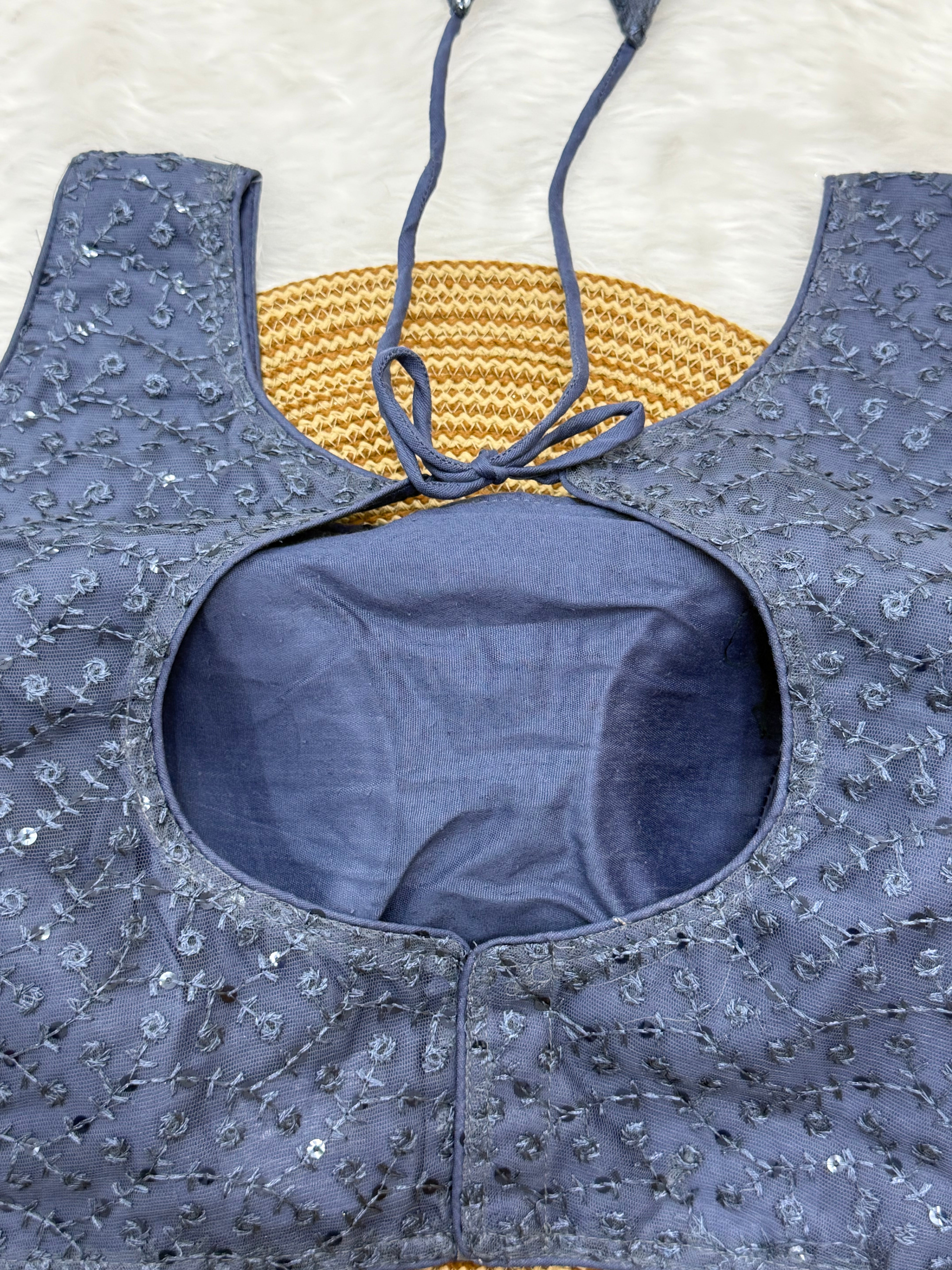 SLEEVELESS DESIGNER READYMADE BLOUSE - GREYISH BLUE