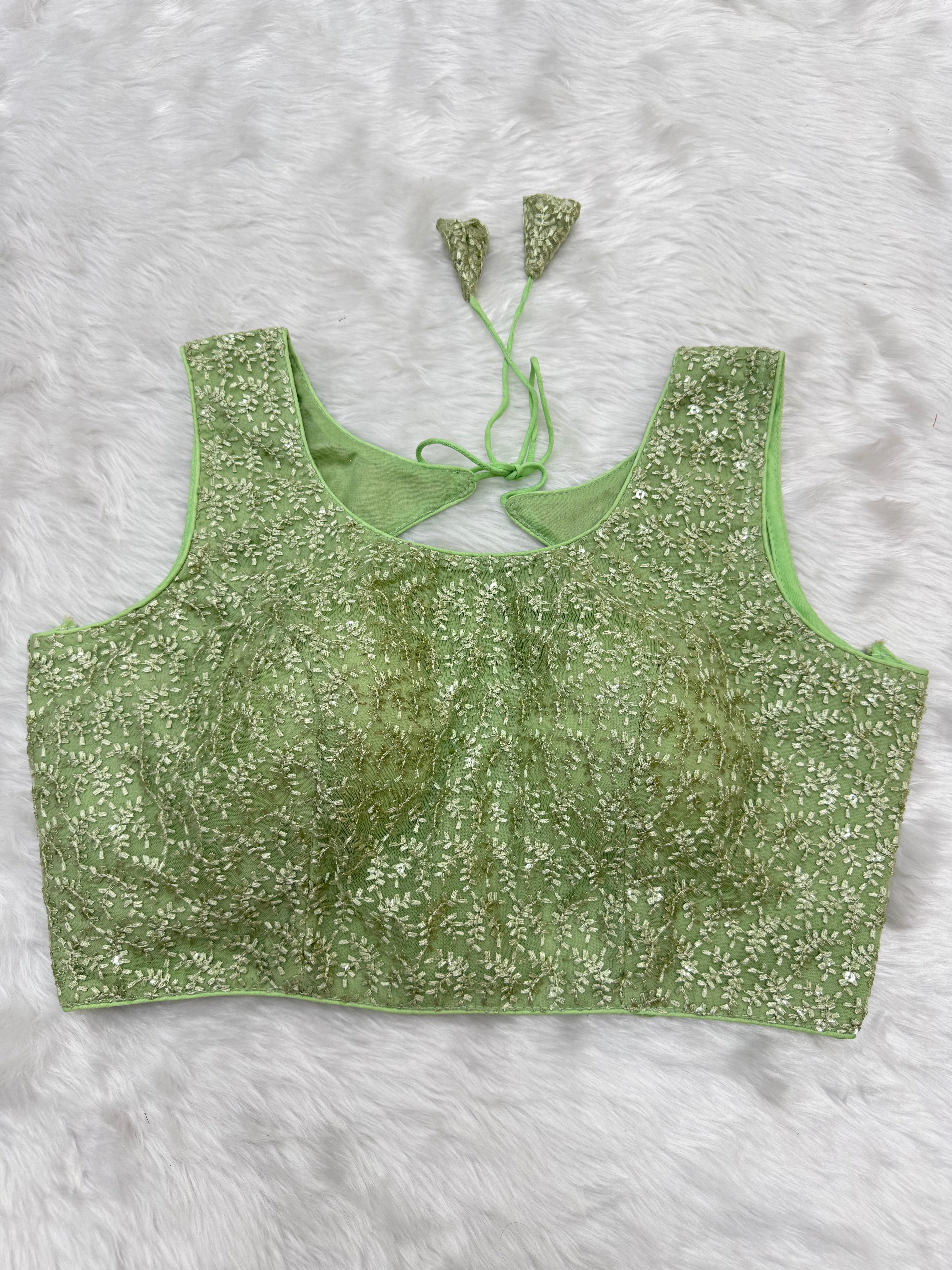 SLEEVELESS DESIGNER READYMADE BLOUSE - TEA GREEN