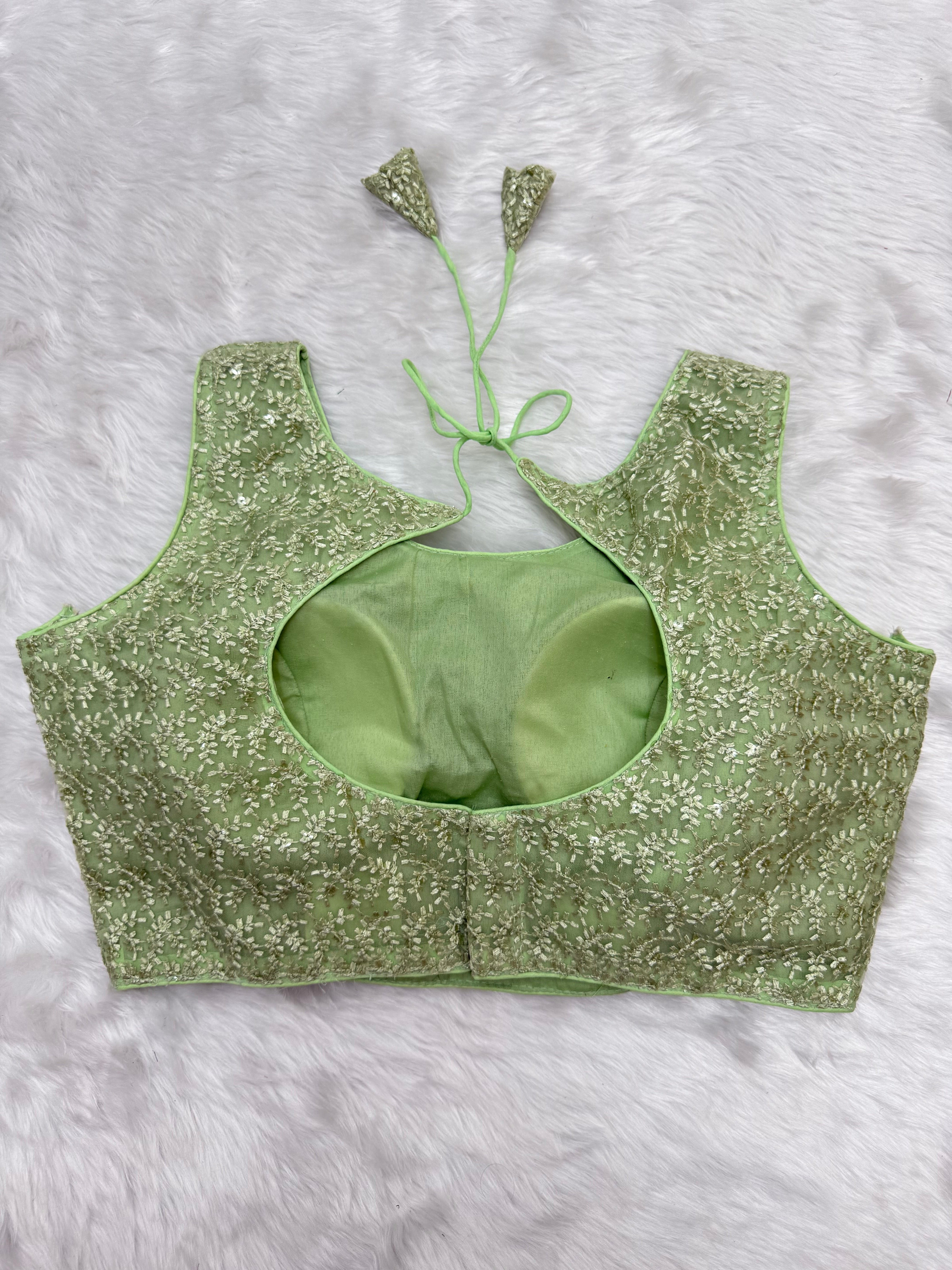 SLEEVELESS DESIGNER READYMADE BLOUSE - TEA GREEN
