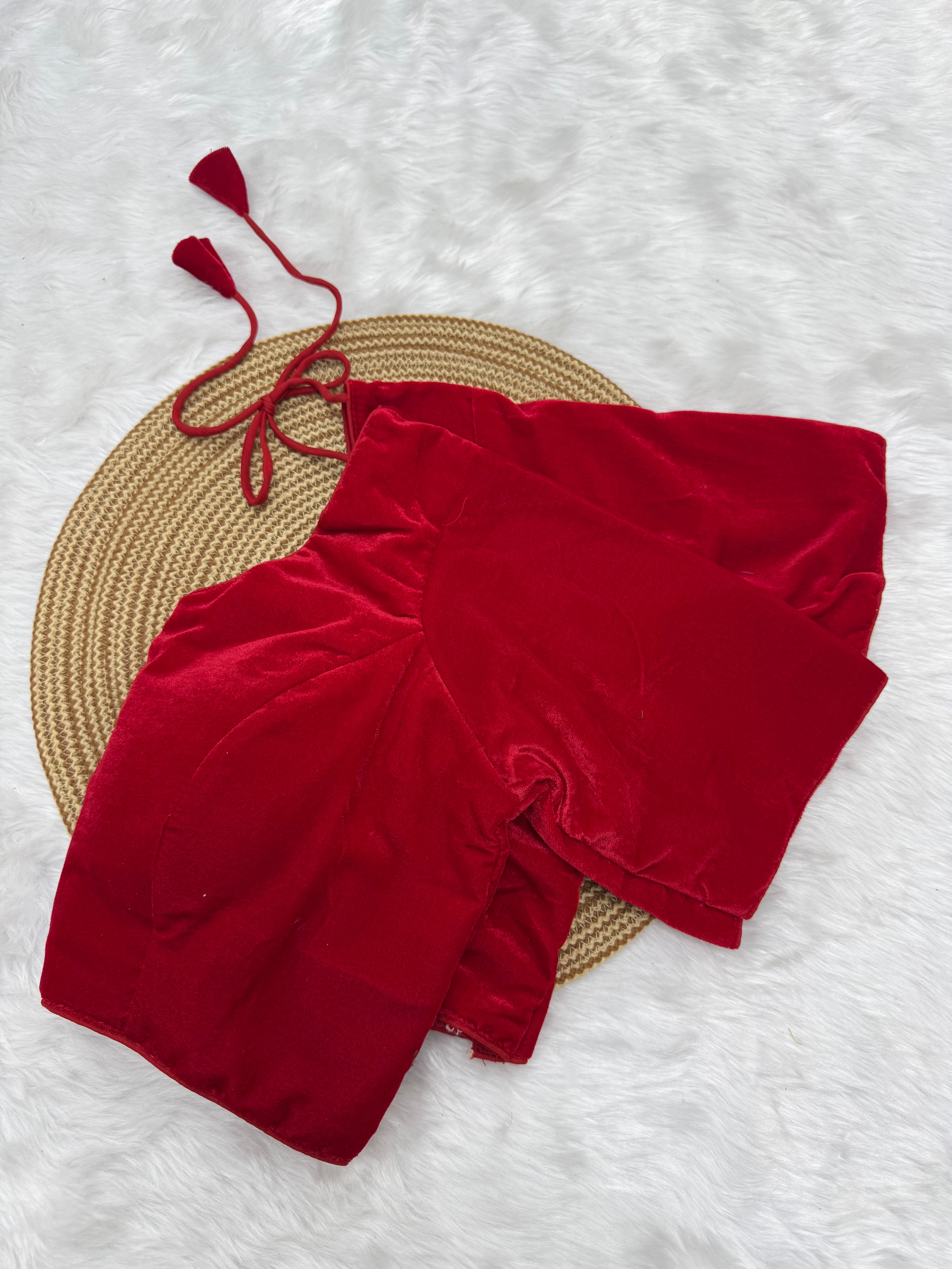 DESIGNER VELVET READY TO WEAR SAREE  BLOUSE - RED
