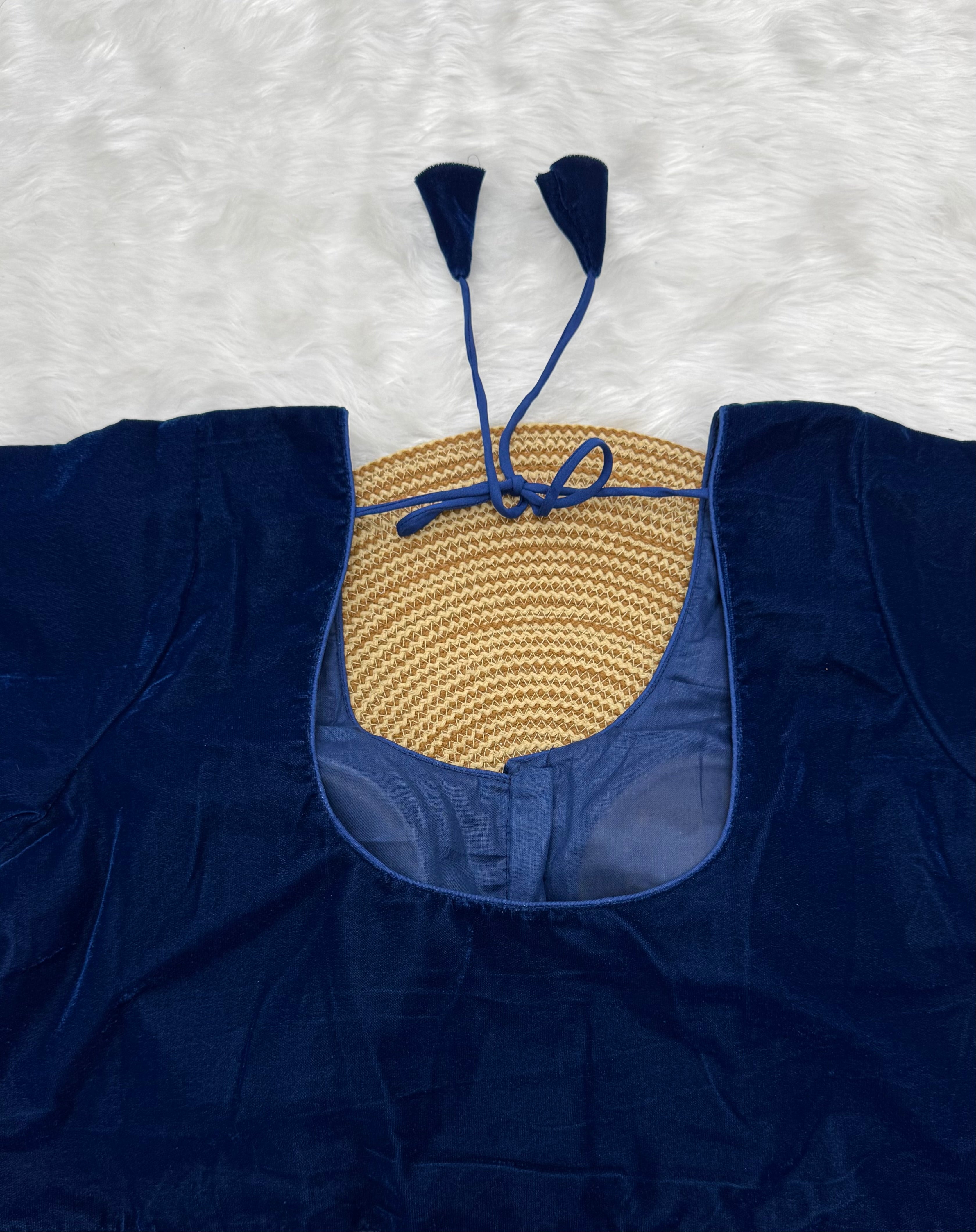 DESIGNER VELVET READY TO WEAR SAREE  BLOUSE - COBALT BLUE