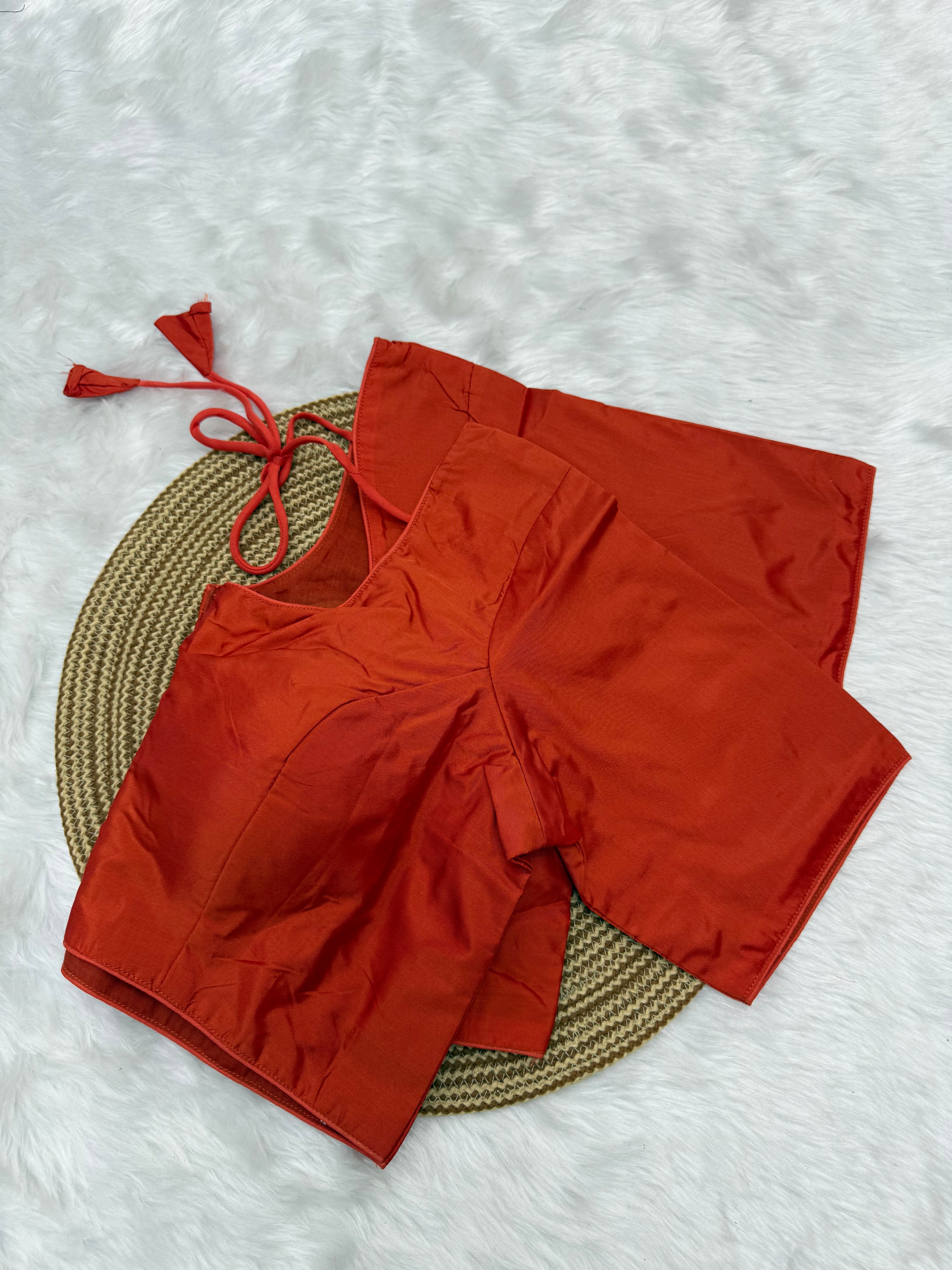 PLAIN SILK READY TO WEAR  SAREE BLOUSE - RUST RED